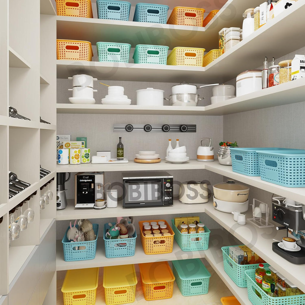 Colorful Plastic Storage Baskets with Lids 12 Pack Stackable Storage Bins Containers for Shelves Organizing, Colored Cute Decorative Storage Boxes for Classroom, Playroom, Closet, Pantry