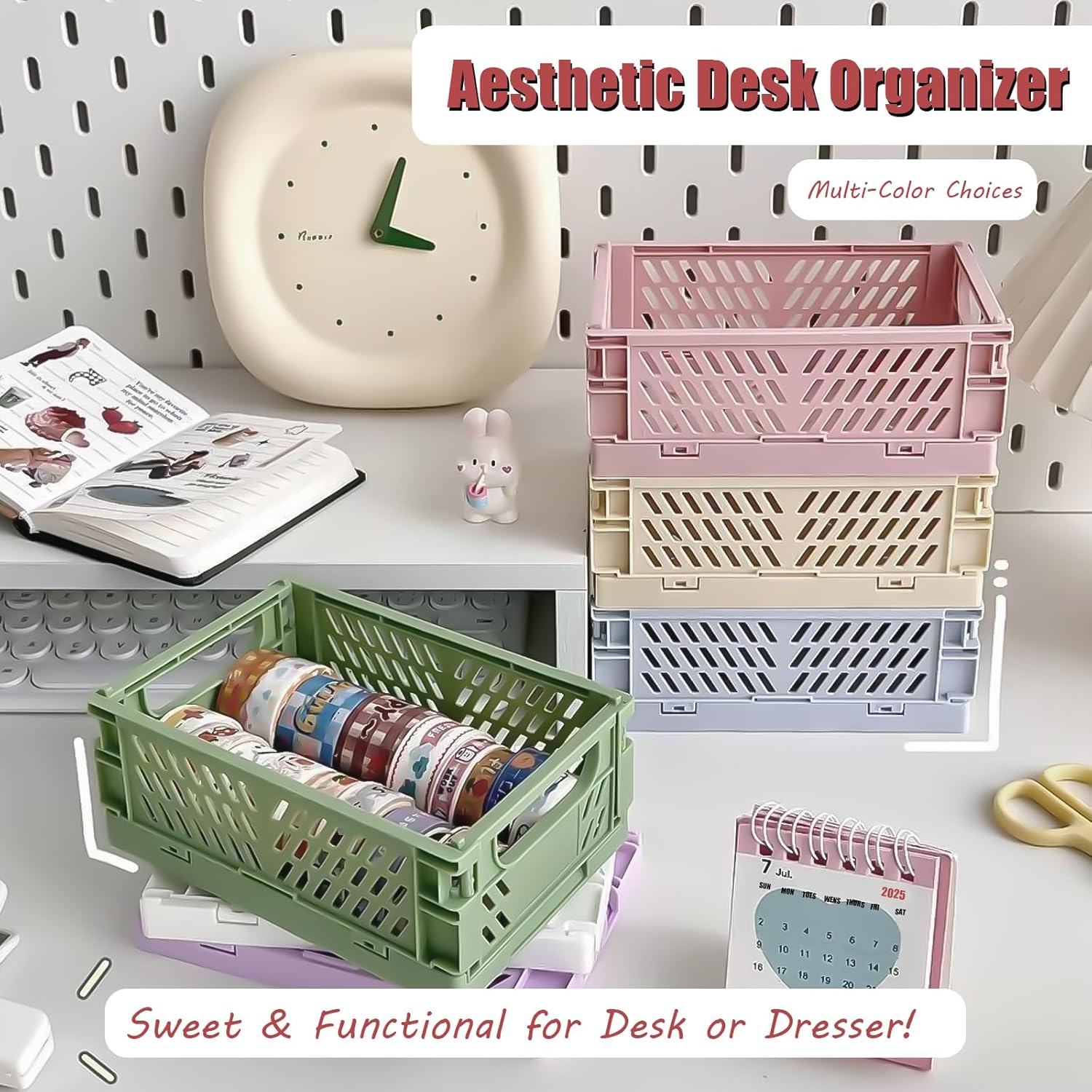 Small Pastel Plastic Storage Bins 2Pcs Foldable Pastel Crates Plastic Basket Colorful Storage Containers Baskets for Classroom Kitchen Office Bedroom Desktop Home Decor (Green 5.8" x 3.8" x 2.2")