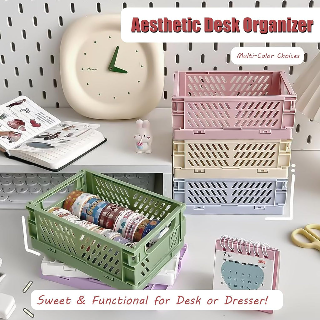 Pastel Plastic Storage Baskets 2 Pack, Collapsible Crates for Organizing, Space-Saving Bins for Kitchen, Office, Bedroom (Purple, Small: 5.8"x 3.8" x 2.2")