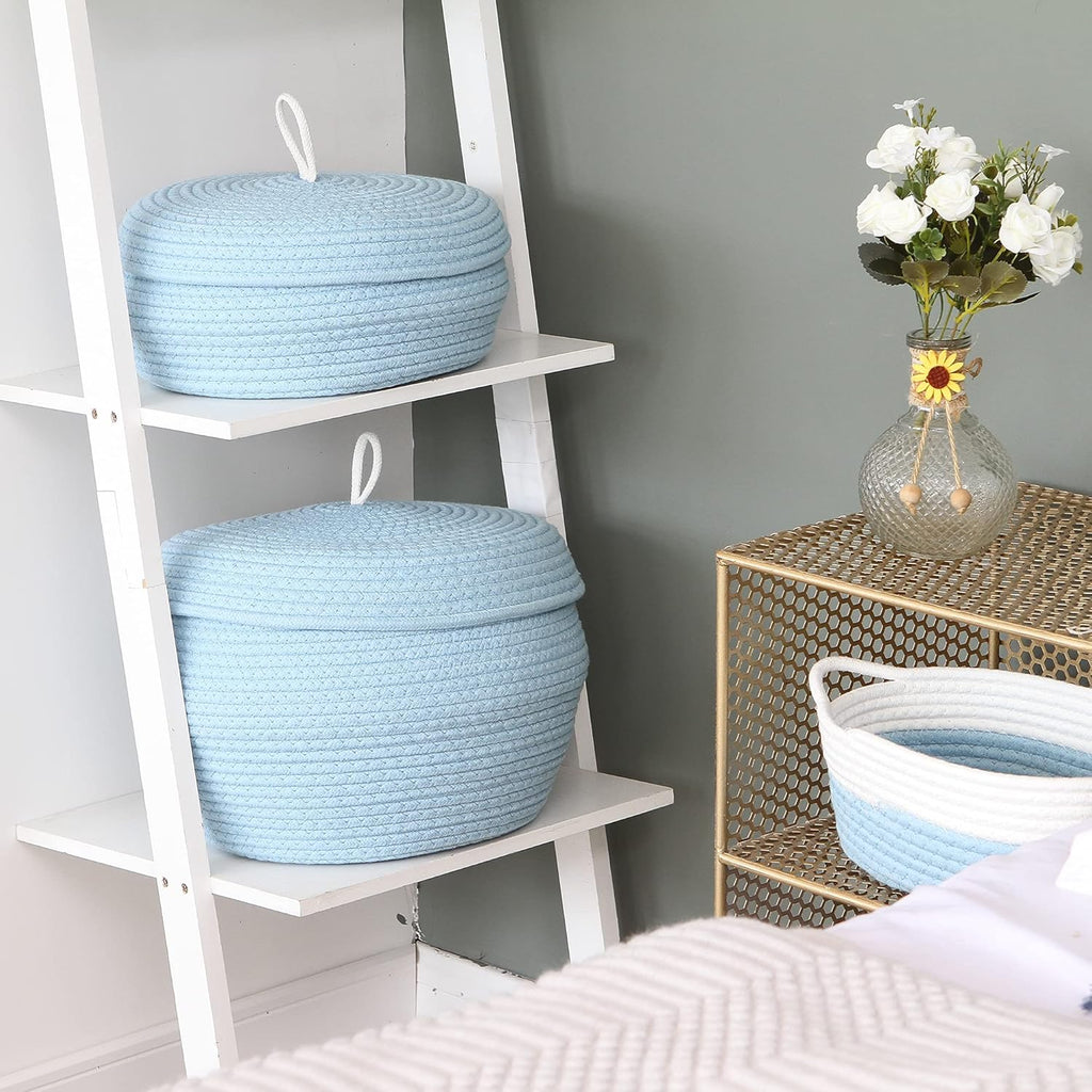 Sea Team Round Cotton Rope Storage Basket with Lid, Decorative Woven Storage Bin, Pot, Caddy, Organizer, Container for Snacks, Towels, Plants, 13 x 9 Inches (Large, Blue)