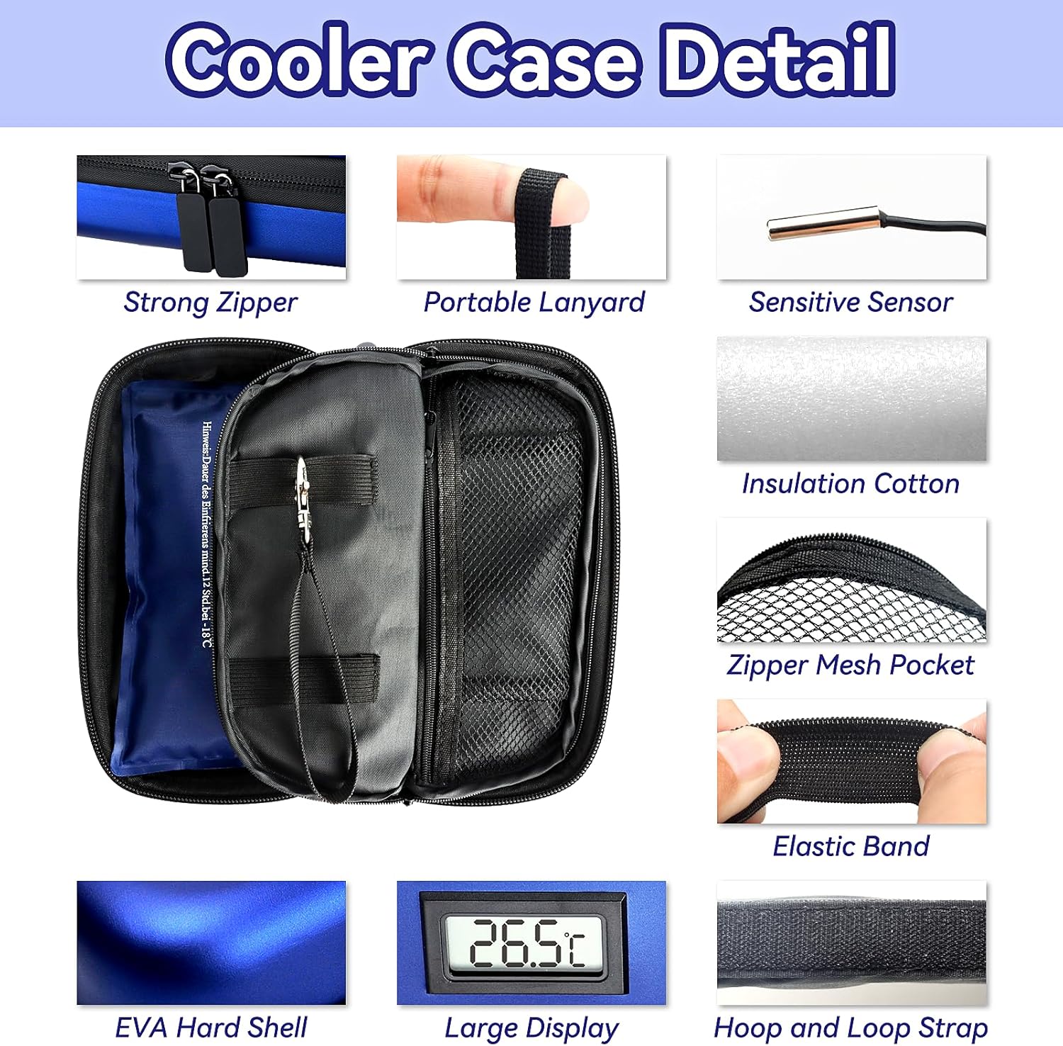 Insulin Cooler Travel Case, TSA Approved Medication Diabetic Cooler Organizer Bag with Thermometer Temperature Display 2 Ice Packs, Blue