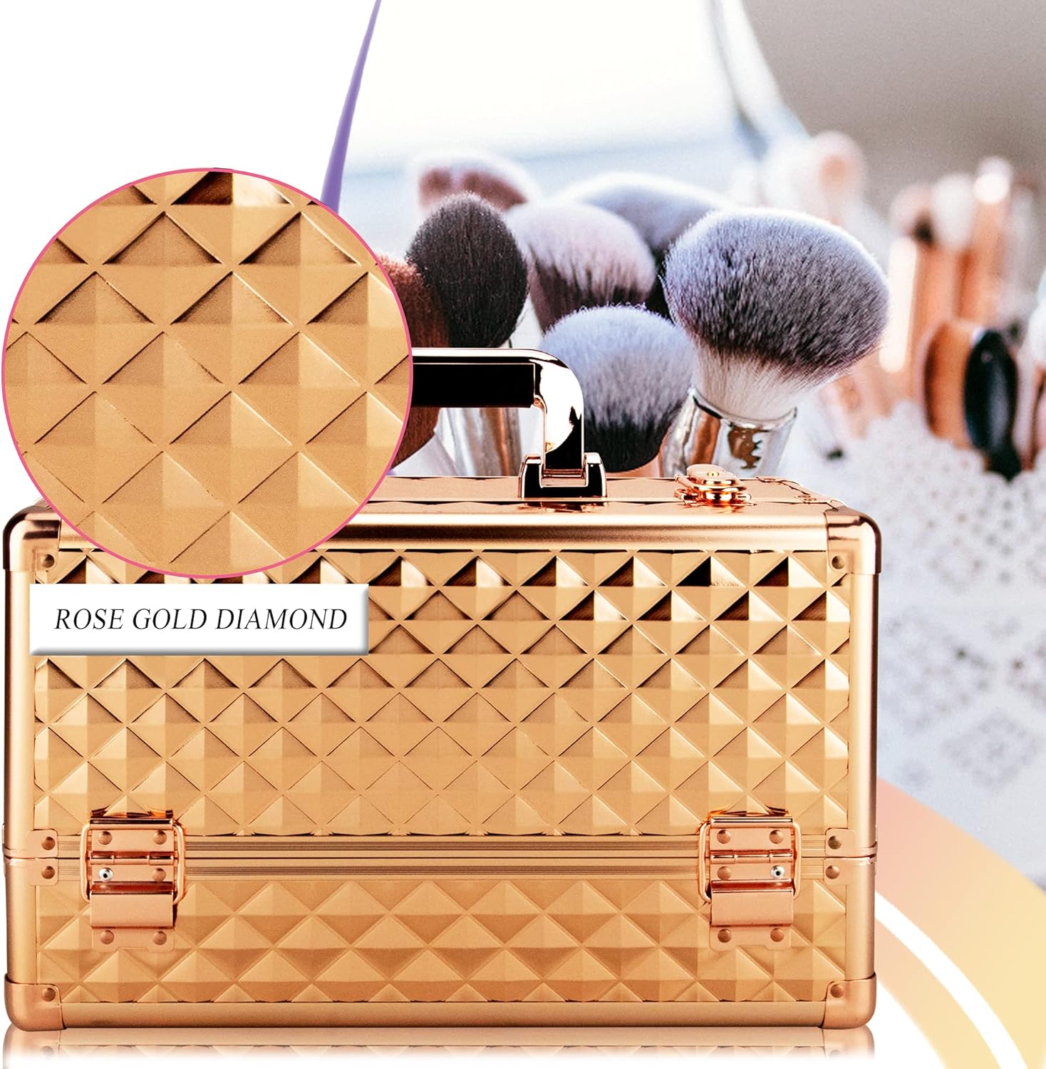 Ver Beauty Makeup Organizer, Cosmetic Travel Kit, Makeup Artist Supplies, 6-Tier Lockable Storage Box, Makeup Train Case, Aluminium Case, Lightweight & Portable Beauty Vanity (Rose Gold Glitter)