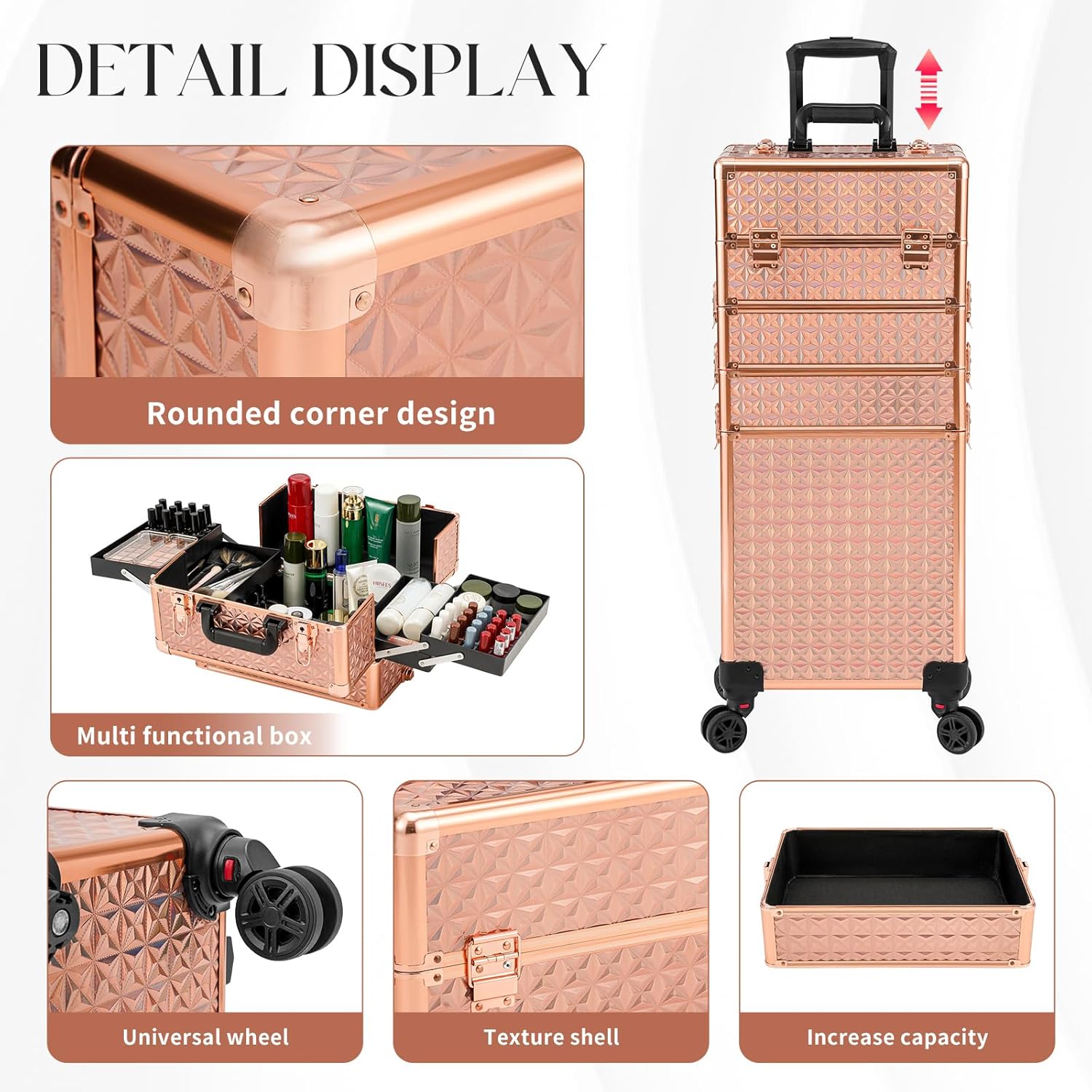 Leeora&Leekoo Portable Multi-Storey Nail Case for Nail Tech Organizer - Wheels Makeup Case Organizer, Cosmetic Case, Makeup Train Case, Make Up Case (rose gold)