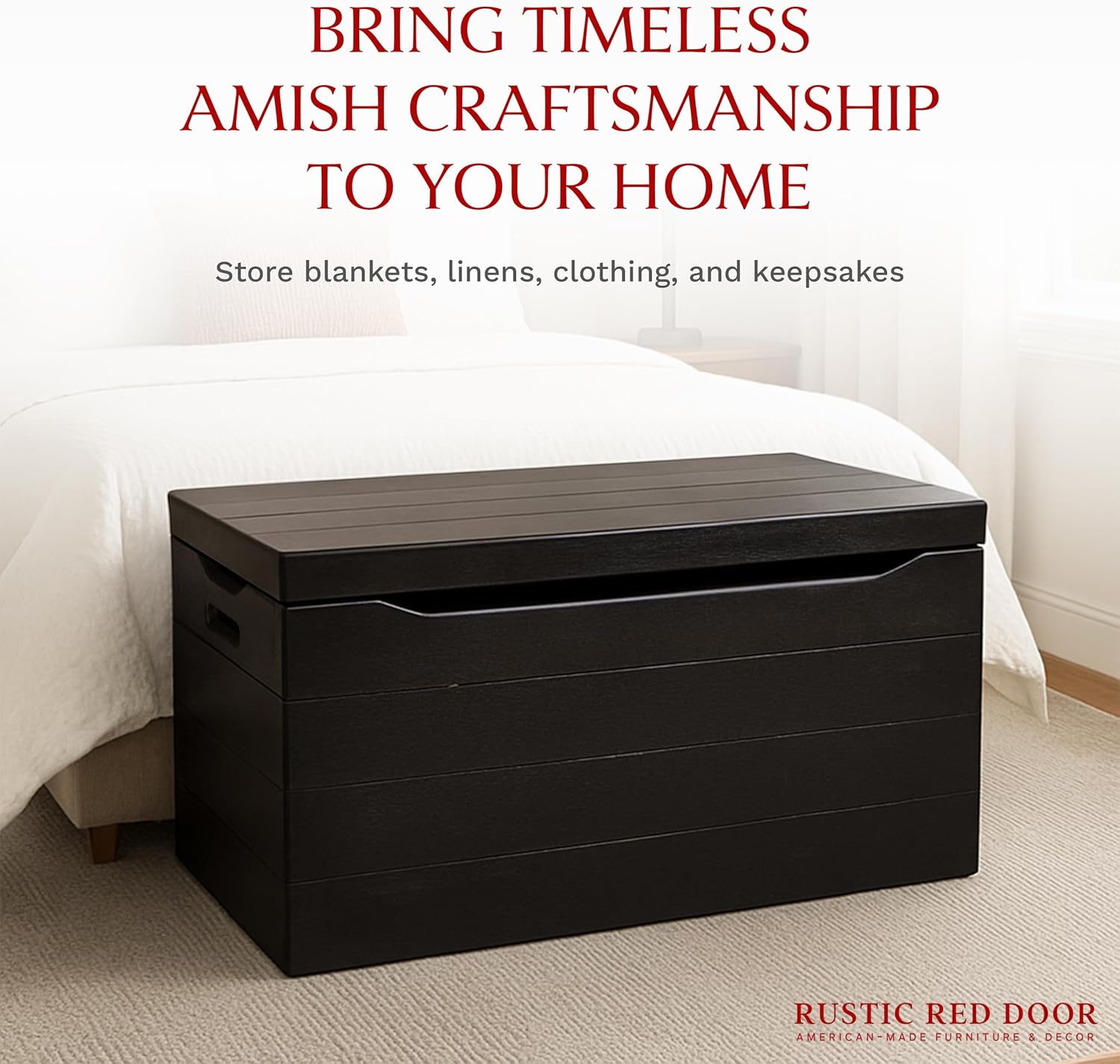 Amish Made Wooden Storage Chest Trunk Box with Lid and Handles for Bedroolanket, Clothes, Anti-Slam Hinges, Handmade, Rustic, Oak Wood, Onyx Stain, 42"