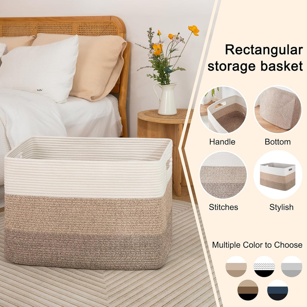 OIAHOMY 108L Large Cotton Rope Basket, Rectangle Woven Baskets for Storage, Nursery Blanket Storage Living Room, Toy Basket With Handle-25”x16”x16”-Gradient Yellow