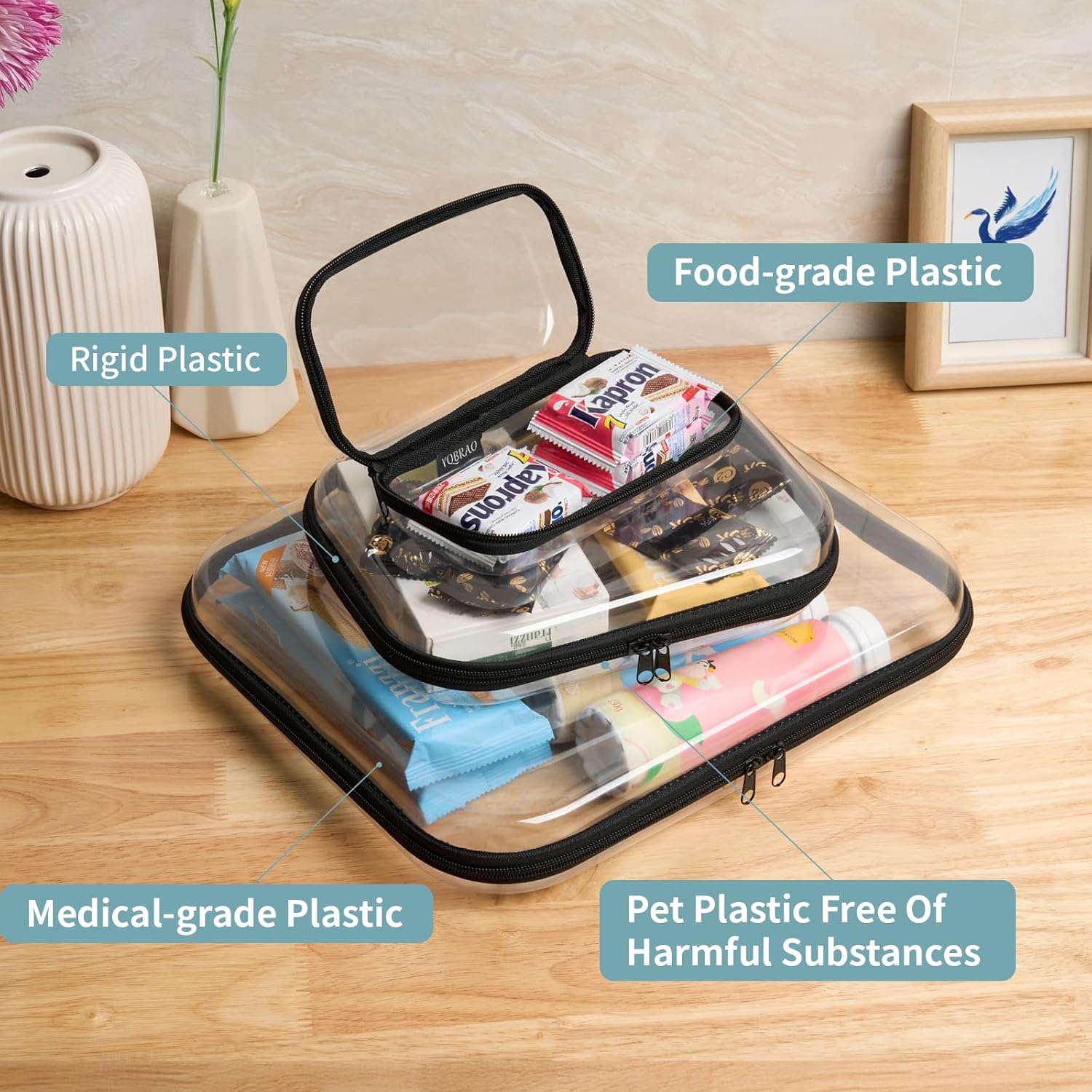 Hard Sided Clear Zipper Case for Storage- Professional-Grade Plastic Clear Zipper Pencil Case,Toy Storage Bins, Toiletry Pouch, Travel Organizer, Cosmetic Bag（Black,3 Pack, LMS）