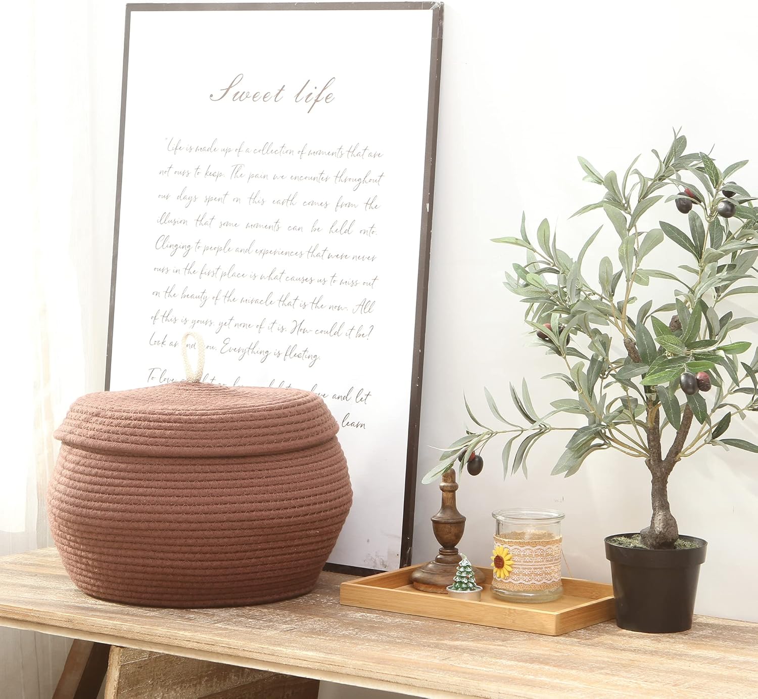 Sea Team Round Cotton Rope Storage Basket with Lid, Decorative Woven Storage Bin, Pot, Caddy, Organizer, Container for Snacks, Towels, Plants, 13 x 9 Inches (Large, Brown)