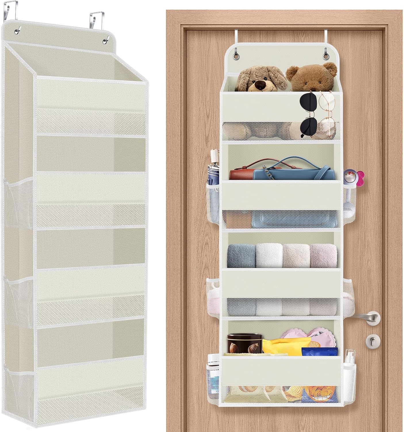 1 Pack Over The Door Organizer, Hanging Storage Organizer with Clear Window, 40lb Ultra Sturdy Large Capacity Room Organizer for Pantry Bathroom Nursery Closet Baby Essential (Beige)