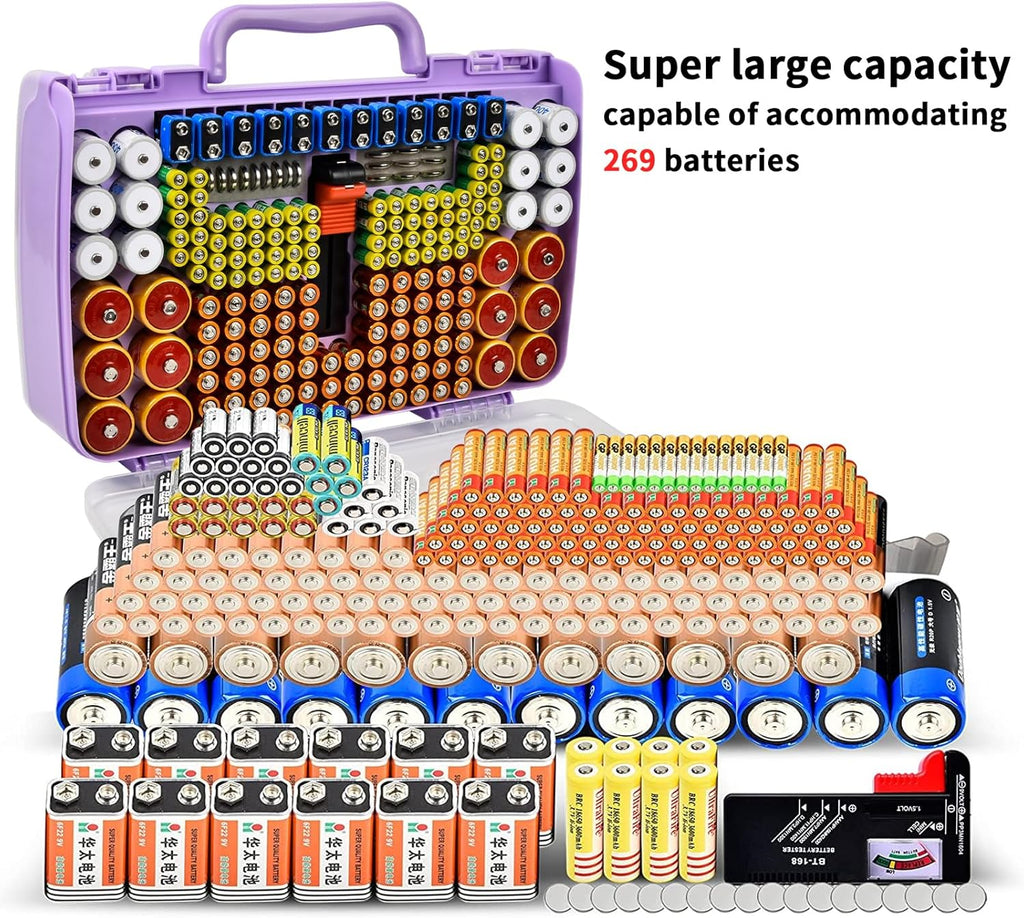 Battery Organizer Storage Holder Box Case with Tester- 269 Batteries Double-Sided Variety Pack, Holds AA AAA 4A C D Cell 9V 3V Lithium LR44 CR2 CR123 CR1632 18650 Button- Purple (Box Only)