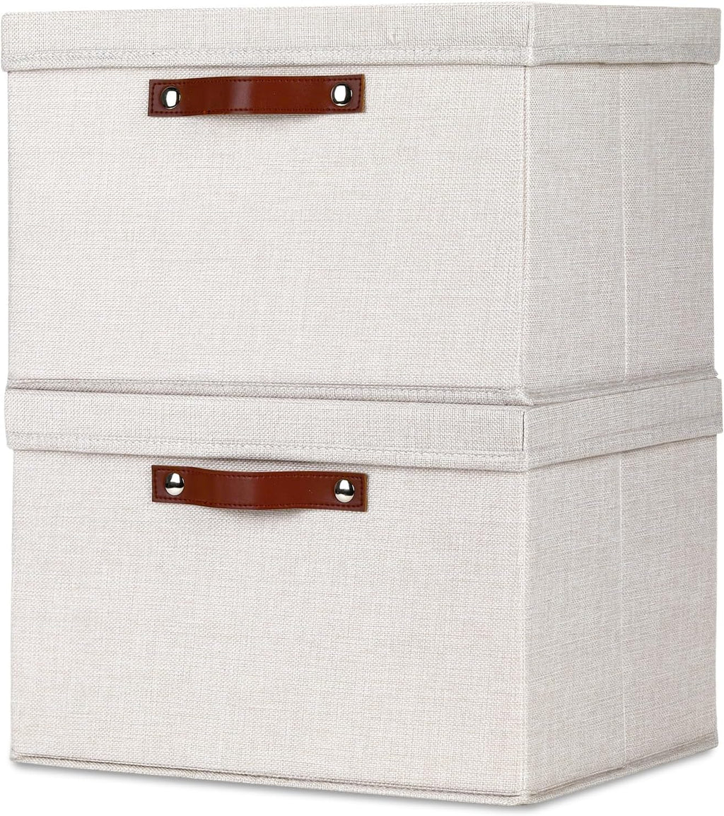 Temary Storage Bins with Lids 2-Pack Large Foldable Storage Baskets with Lid, Fabric Storage Bin for Organizing Home (Beige, 15x11x9.5inch)