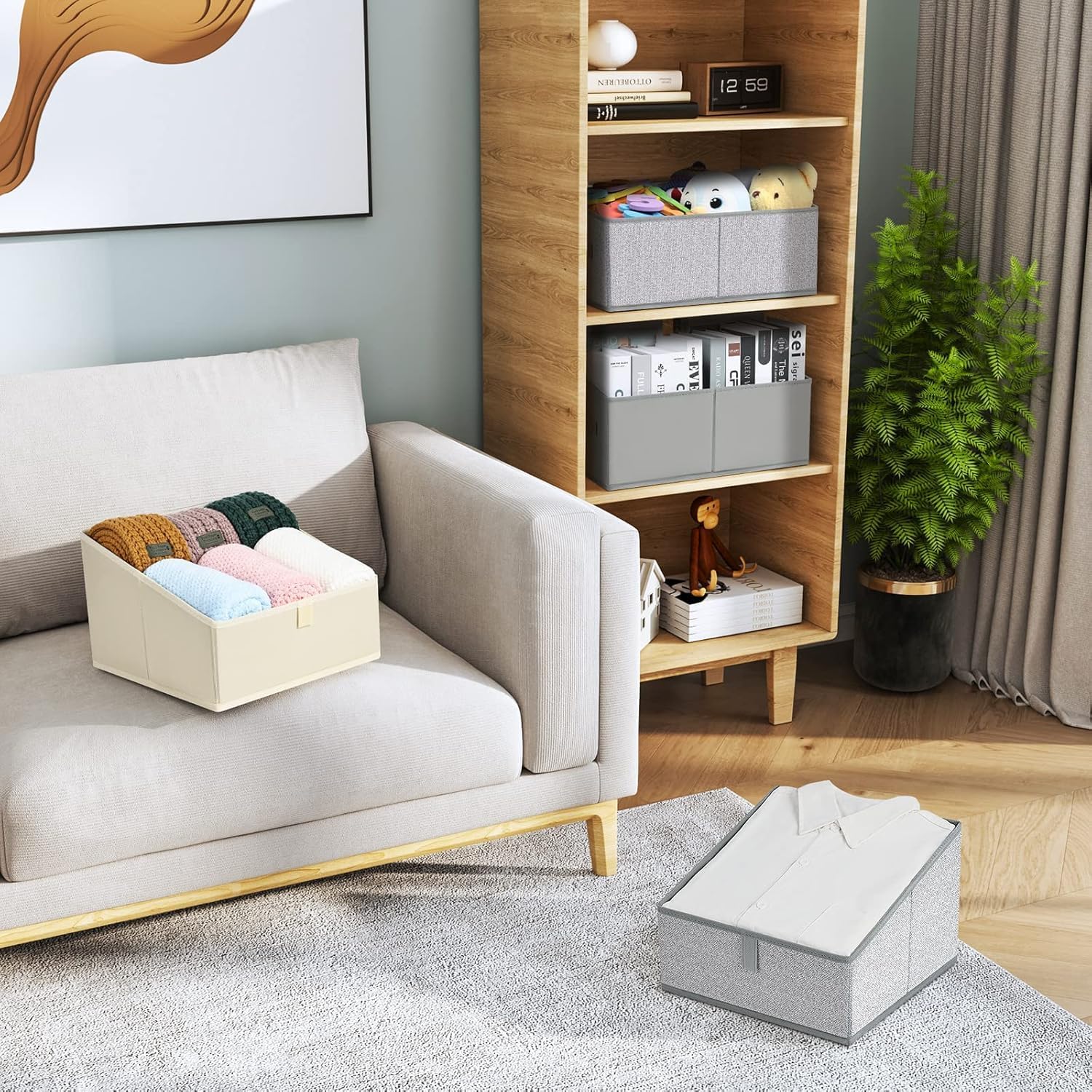 DIMJ Closet Storage Bins, 3 Pack Storage Baskets for Shelves, Foldable Closet Organizer with Handle, Linen Closet Organizers and Storage for Clothes, Toys, Towel, Books (Grey)