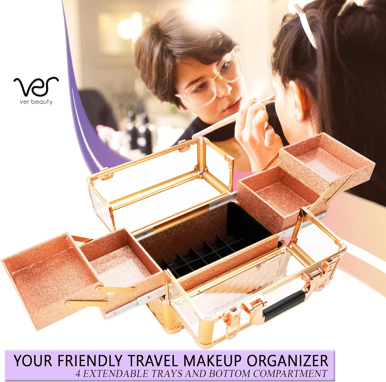 Ver Beauty Armored Acrylic Cosmetic Case Organizer Train Makeup Case with 4 Extendable Trays and Bottom Compartment Key and Lock (Rose Gold Diamond)