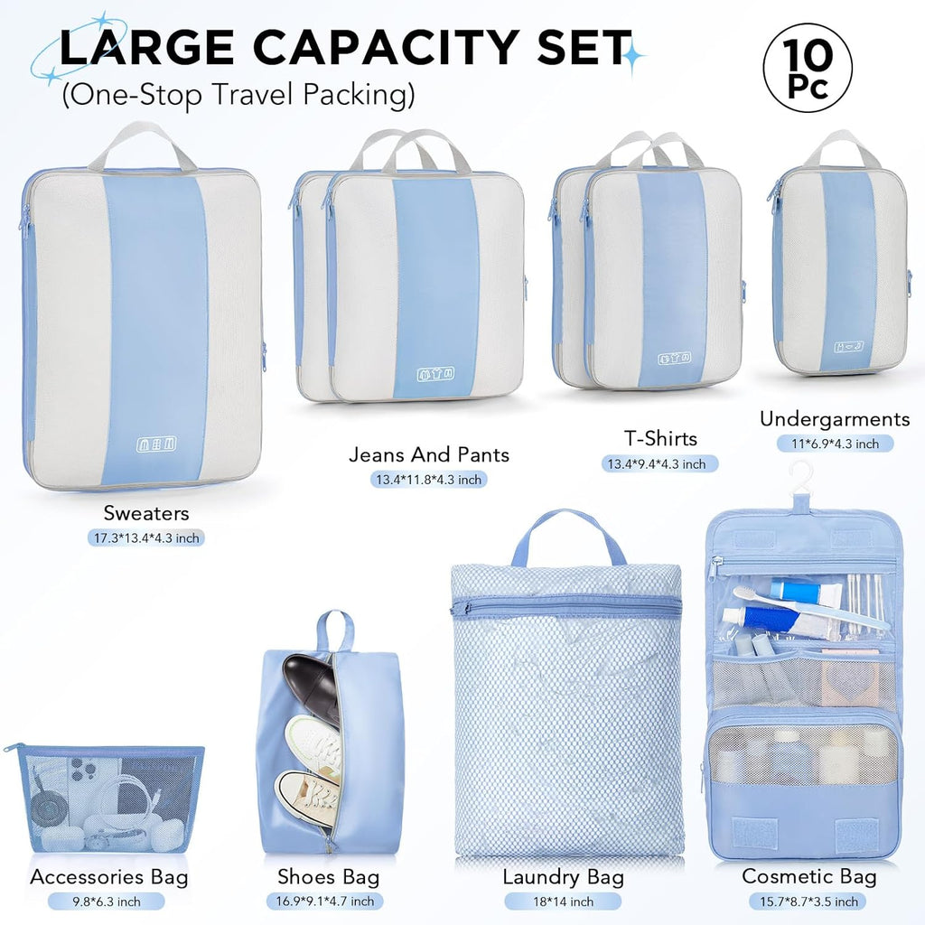 10 Set Compression Packing Cubes for Travel Essentials,Compressible Expandable Packing Cubes for Suitcase,OlarHike Luggage Organizer Bags for Travel,Handy Helper for Organizing Clothes(Light Blue)