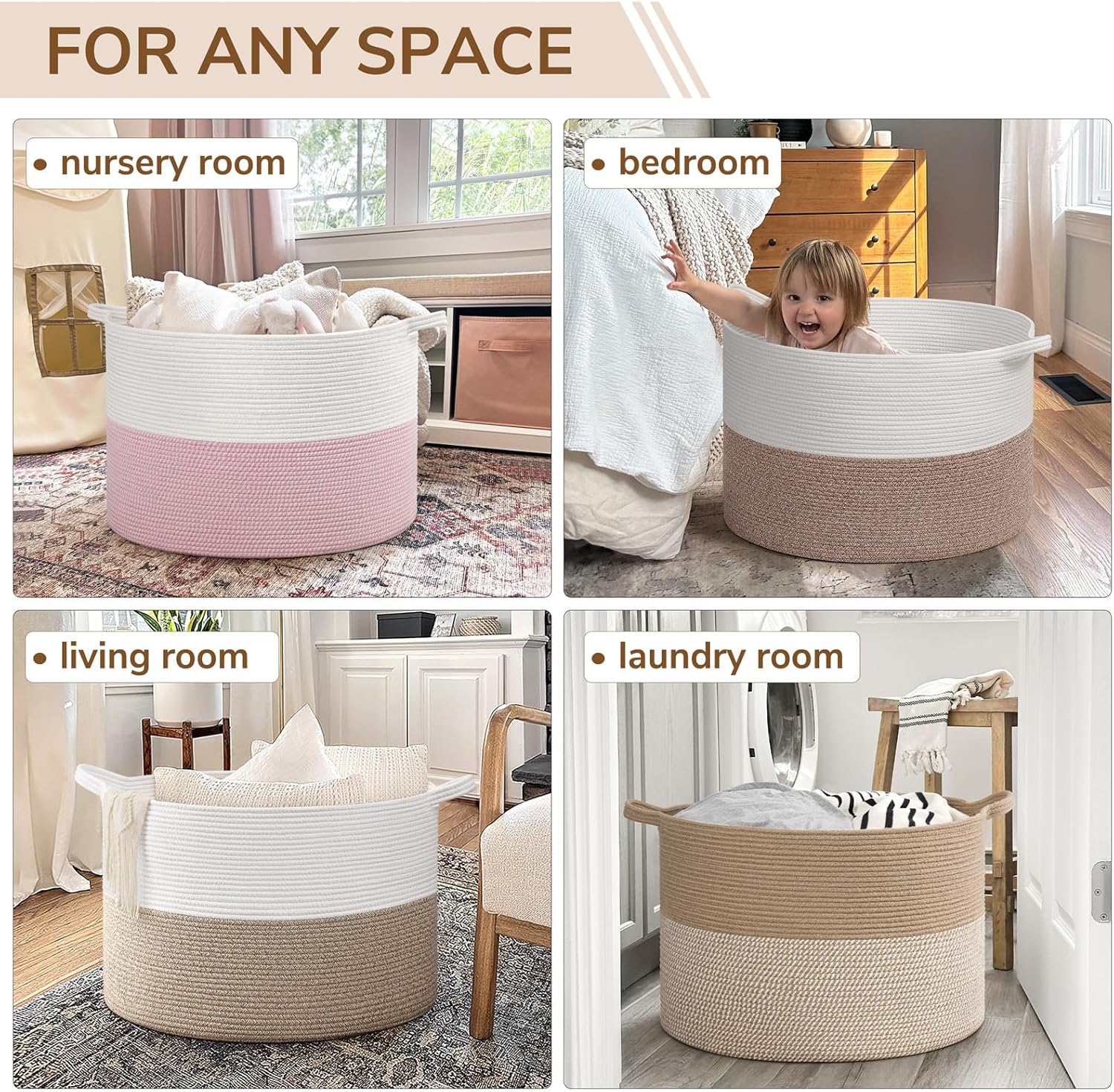 INDRESSME 115L Extra Large Woven Baskets for Storage, Wicker Basket for Living Room Decor Laundry Baskets for Blankets Clothes Pillows Towel Shoe Basket for Entryway, White & Jute