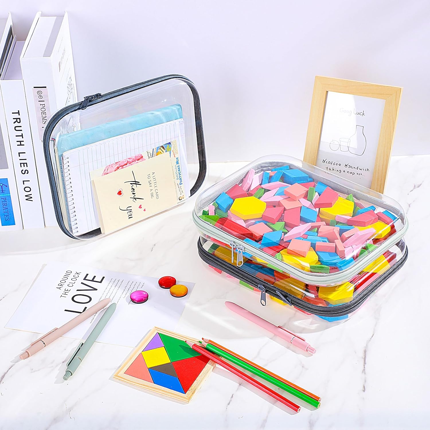 Sanwuta 6 Pcs Clear Hard Zipper Case Hard Plastic Zipper Pouches Transparent Makeup Bag Pencil Pouches for Travel Snacks Christmas Trinket Storage Organizer Box(Blue-green,9.84 x 7.87 x 2 Inch)