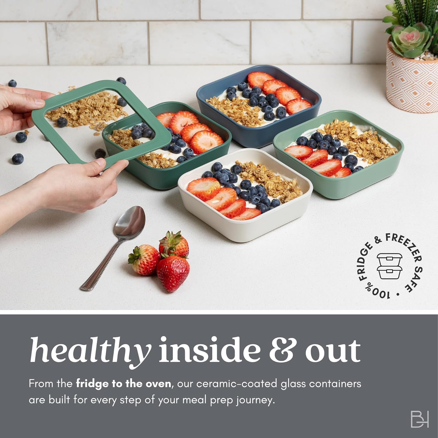 Ceramic Coated Glass Food Storage Container | No PTFE, PFOA, PFAS, and BPA | Reusable Non Toxic Meal Prep Container with Glass Lid | Easy To Store | 6 Cup Rectangle [Crema]