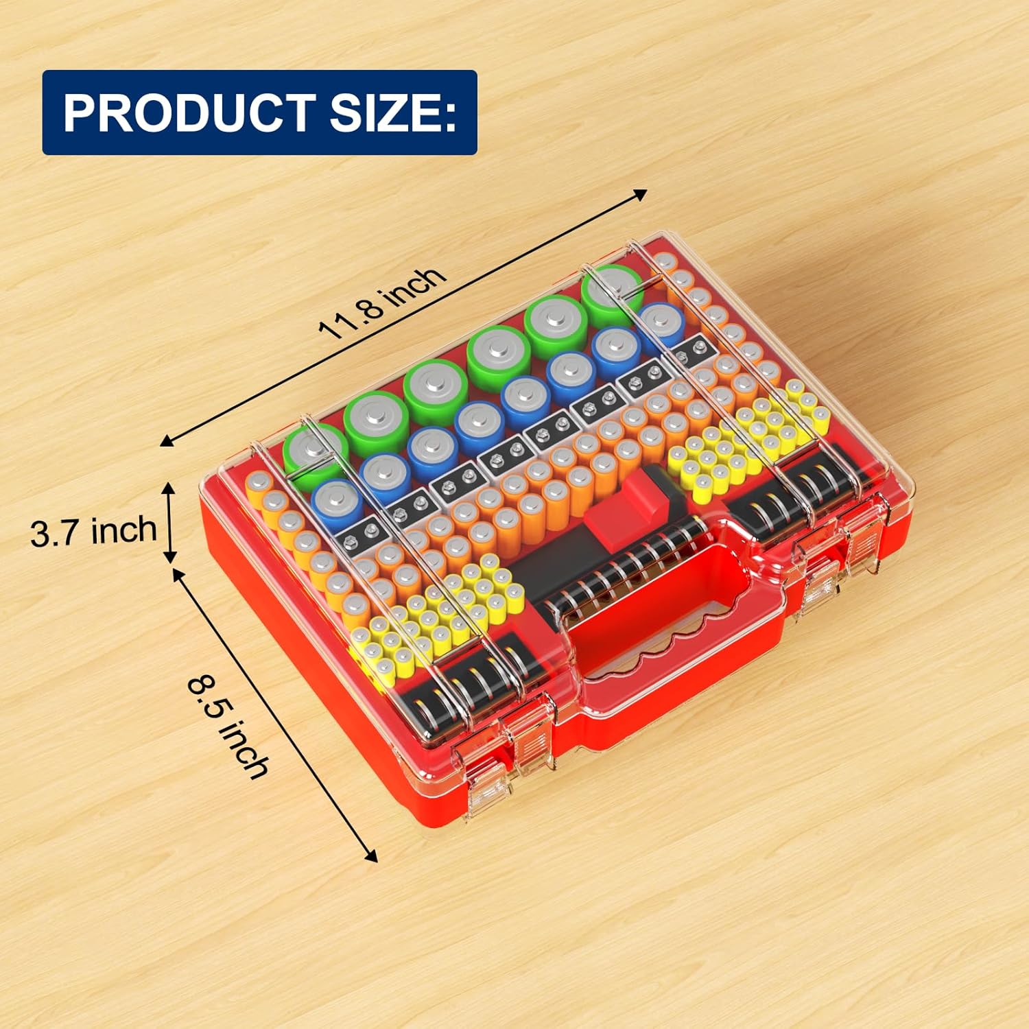 Battery Organizer Storage Holder Box Case with Tester, Stores & Protects Up to 260 Batteries, Double-Clear Locking Lid, Holds AA AAA C D and More (Not Includes Battery Pack) - Red