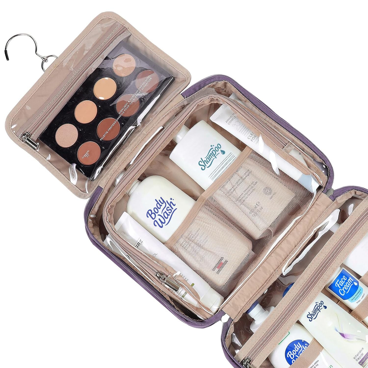 NISHEL Travel Toiletry Bag for Women, Makeup Essentials Organizer, Hanging Case for Accessories, Cosmetics, Large Size, Purple