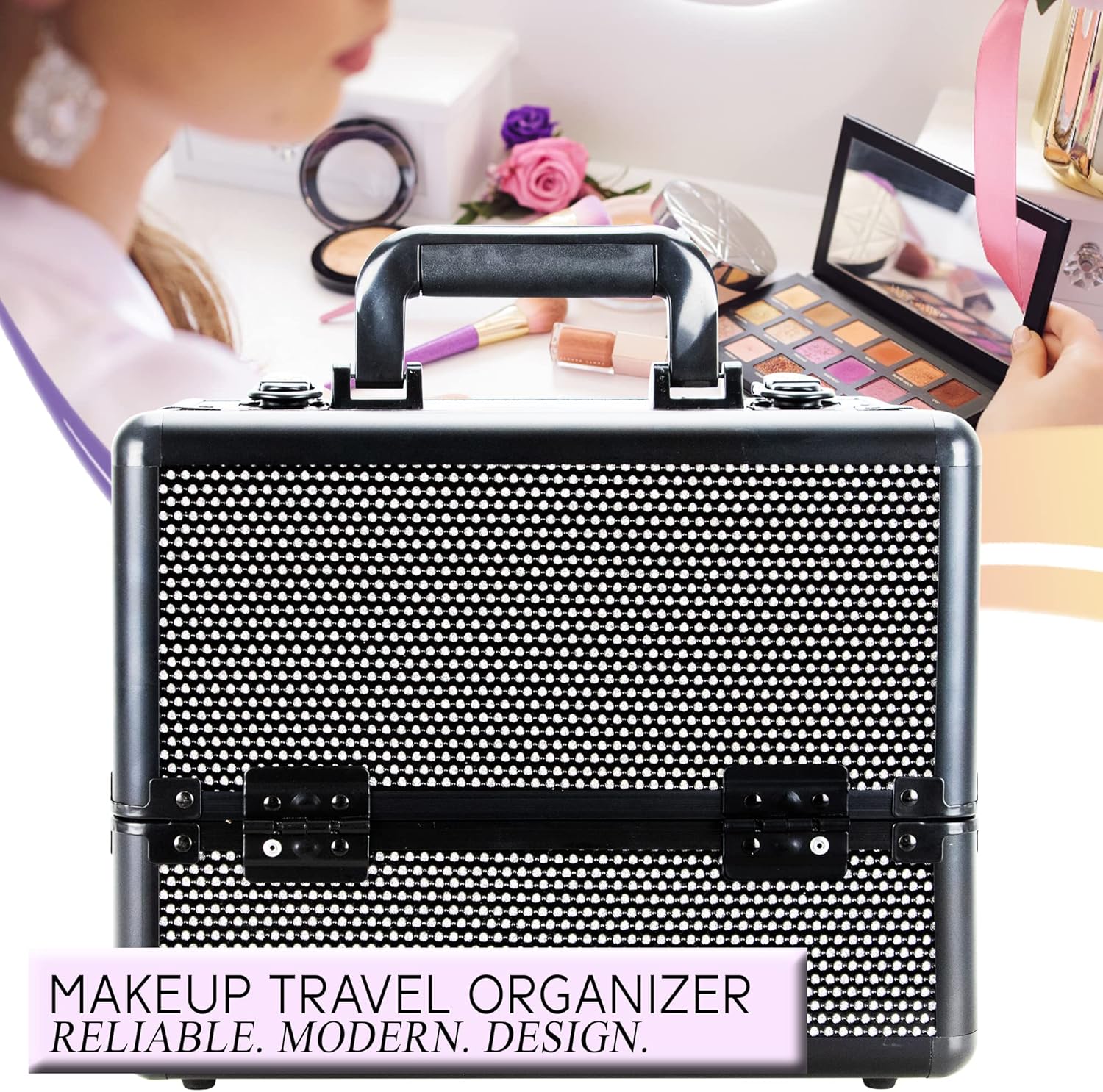 Ver Beauty Cosmetic Train Makeup Case Organizer Storage Extendable Trays Keys and Locks Shoulder Strap in Black Krystal
