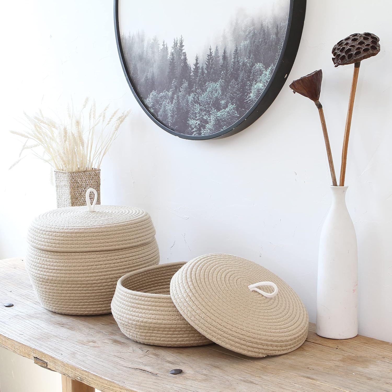 Sea Team Round Cotton Rope Storage Basket with Lid, Decorative Woven Storage Bin, Pot, Caddy, Organizer, Container for Snacks, Towels, Plants, 13 x 5.5 Inches (Large, Shallow, Khaki)