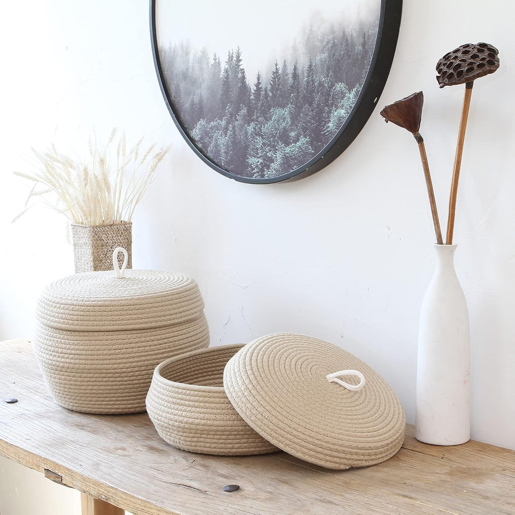 Sea Team Round Cotton Rope Storage Basket with Lid, Decorative Woven Storage Bin, Pot, Caddy, Organizer, Container for Snacks, Towels, Plants, 13 x 9 Inches (Large Size, Khaki)