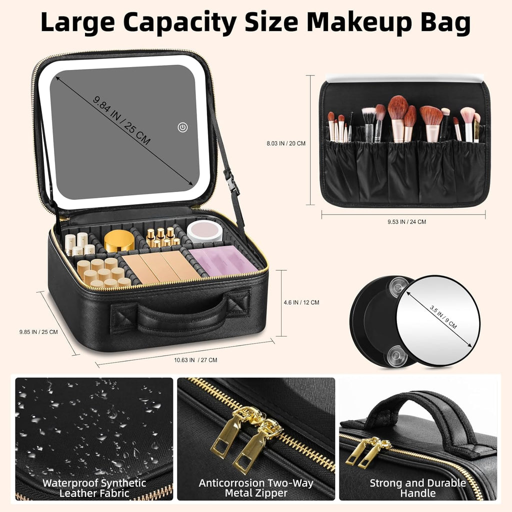 Makeup Bag with Mirror and Light 3 Colors, Travel Make up Bag with Mirror Portable Lighted Makeup Case Organizer Cosmetic Case with 2-Layers Adjustable Dividers & 10X Magnifying Mirror(Black)