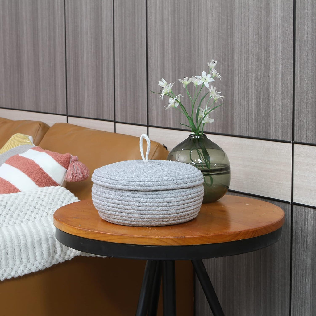 Sea Team Round Cotton Rope Storage Basket with Lid, Decorative Woven Storage Bin, Pot, Caddy, Organizer, Container for Snacks, Towels, Plants, 10 x 4.5 Inches (Small, Shallow, Grey)