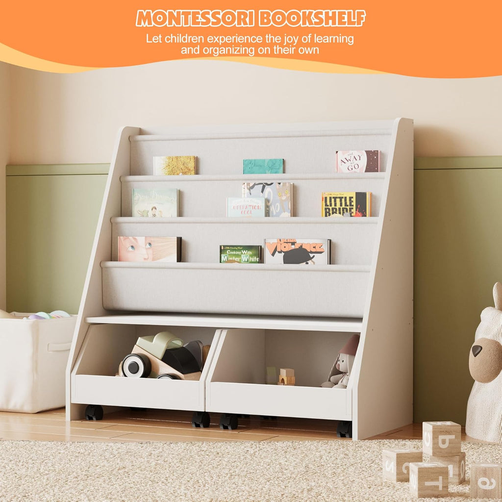 Kids Bookshelf with Two Movable Drawers Toddler Bookcase with Toy Storage Organizer Child Sling Book Rack Baby Cabinet Chest with Wheels for Nursery,Playroom,Bedroom,Living Room,Classroom