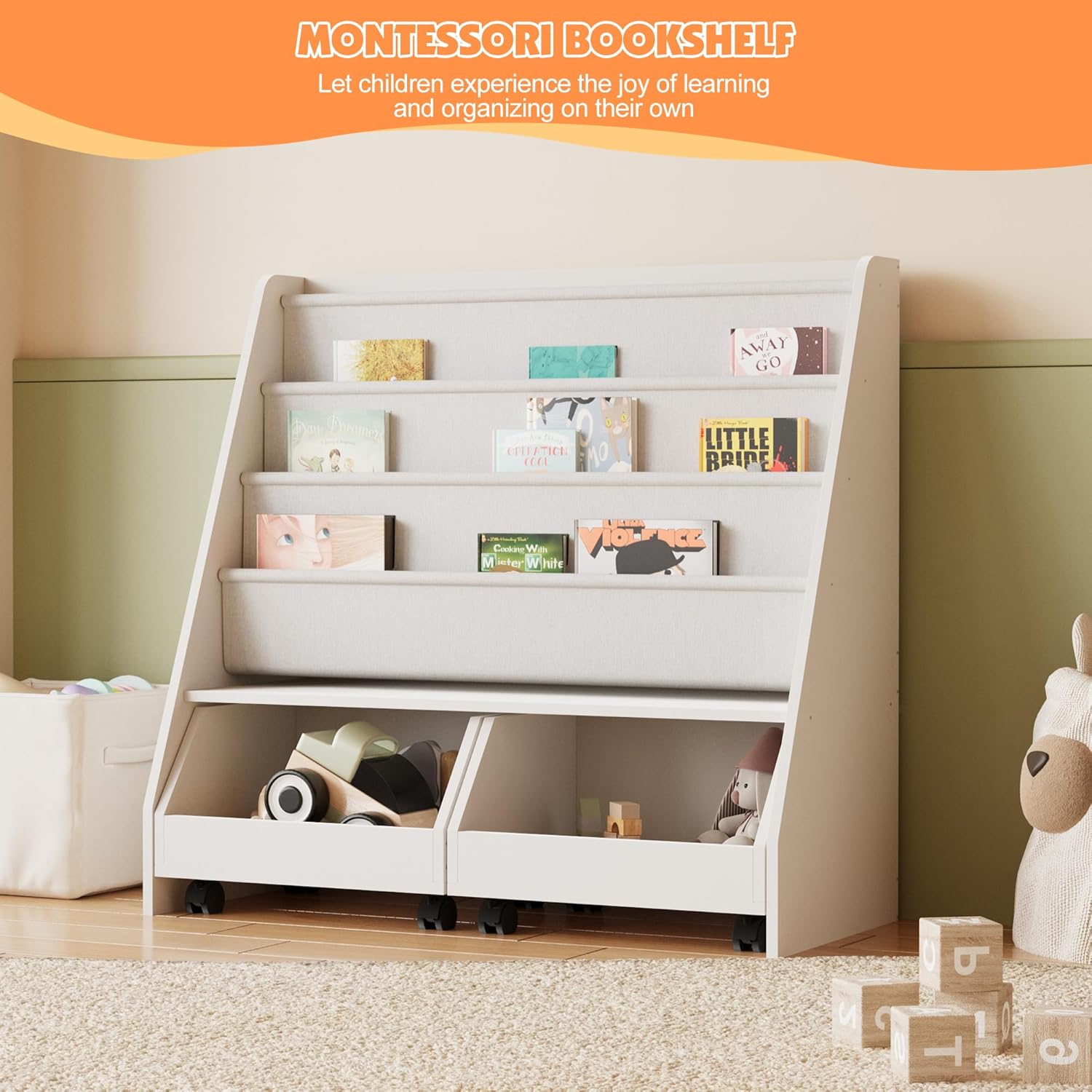 Kids Bookshelf with Two Movable Drawers Toddler Bookcase with Toy Storage Organizer Child Sling Book Rack Baby Cabinet Chest with Wheels for Nursery,Playroom,Bedroom,Living Room,Classroom