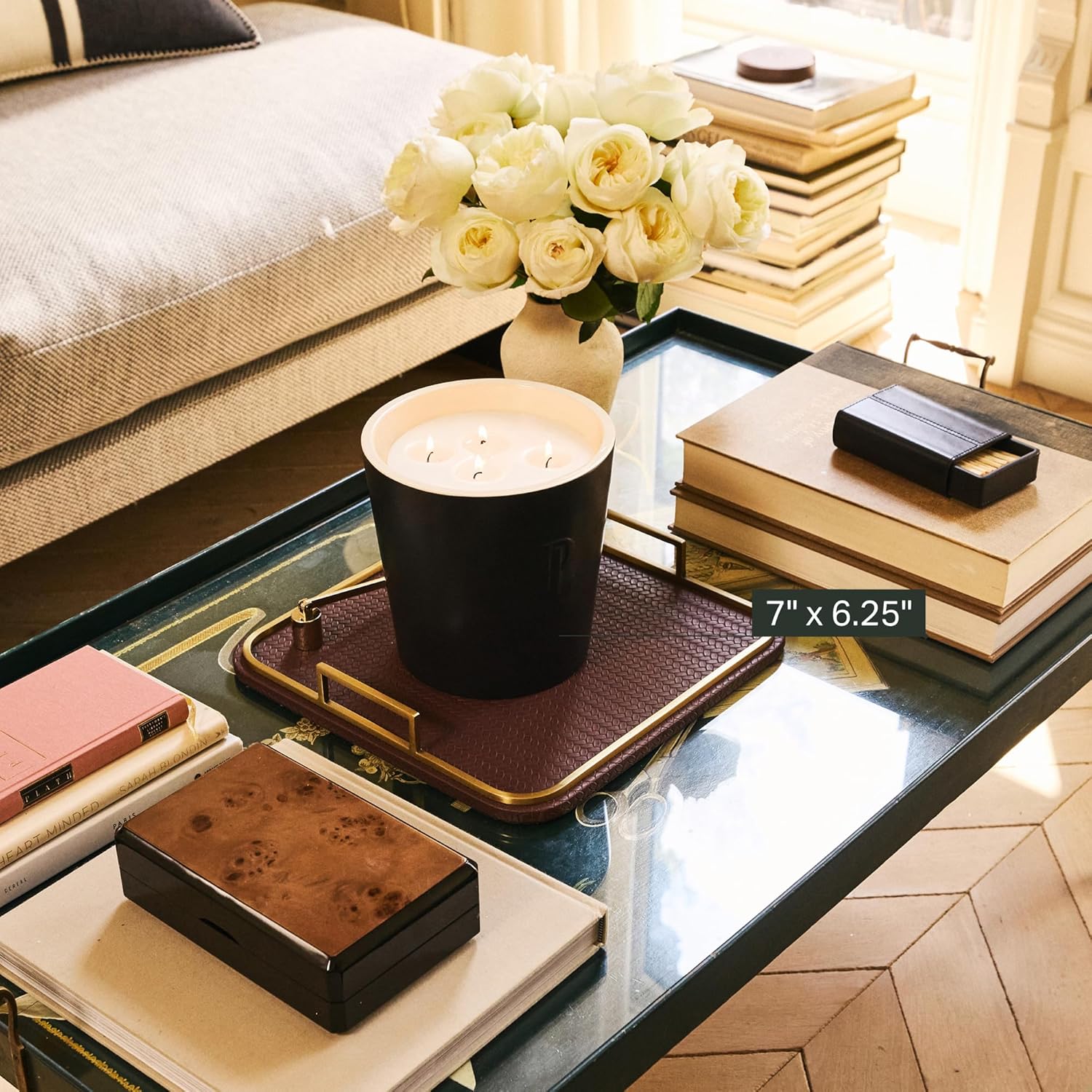 Preston Lane Mayfair Decorative Tray – Vegan Leather with Woven Texture, Brushed Brass Handles – Serving, Dresser & Coffee Table Tray, Espresso