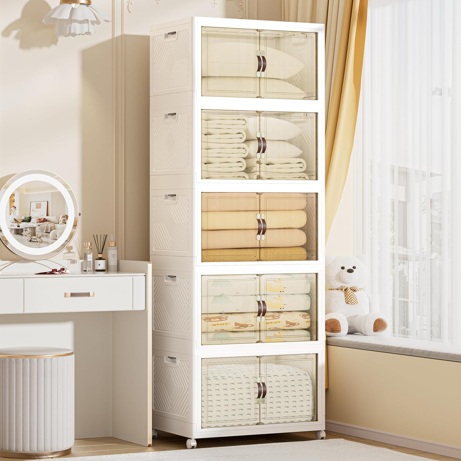 520 QT / 130 Gal Large Foldable Stackable Plastic Storage Cabinet with Double Magnetic Doors, Leather Handles & 4 Wheels - Organize Home, Office, Closet