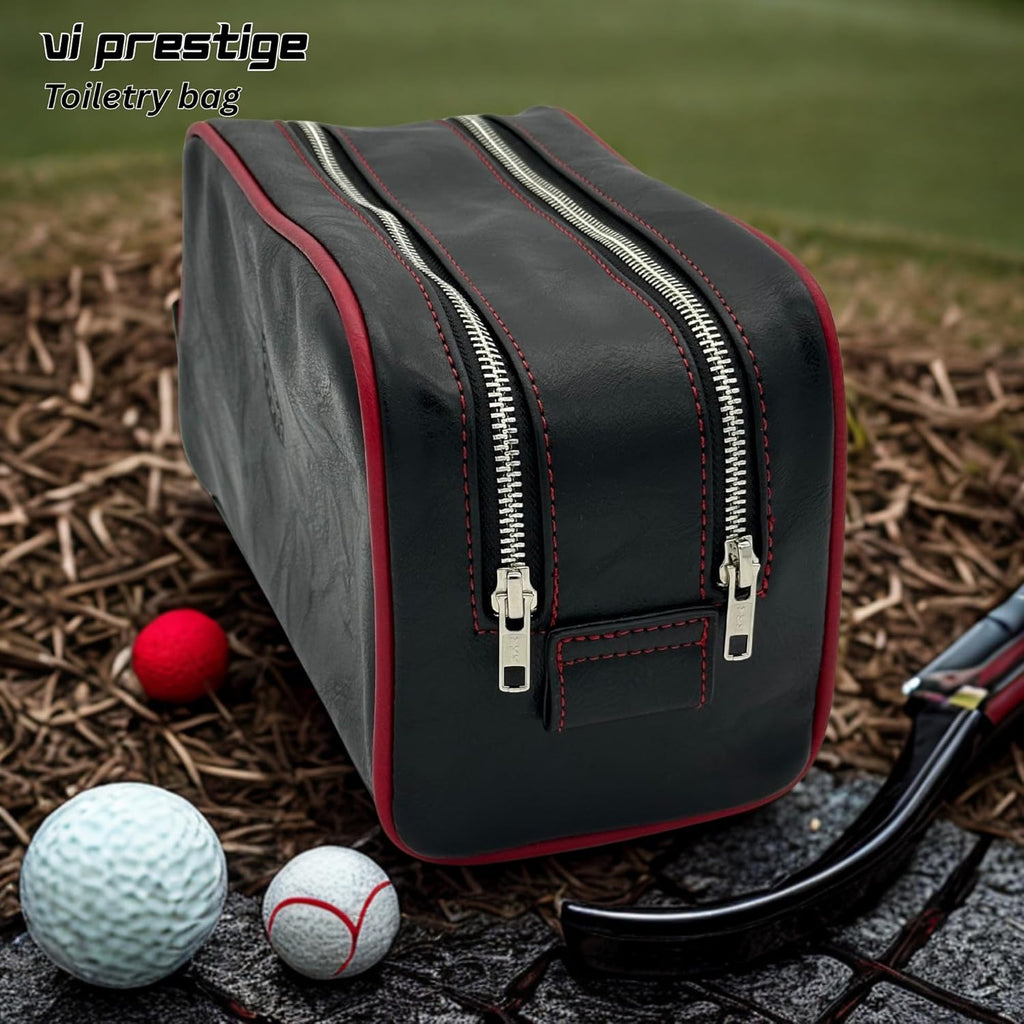 Dopp Gift Large Travel Toiletry Bag Premium Quality PU Leather Two compartments YKK Zippers Water-resistant Bottom Studs Mesh Pockets Durable Cosmetic Organizer BLACK/BURGUNDY