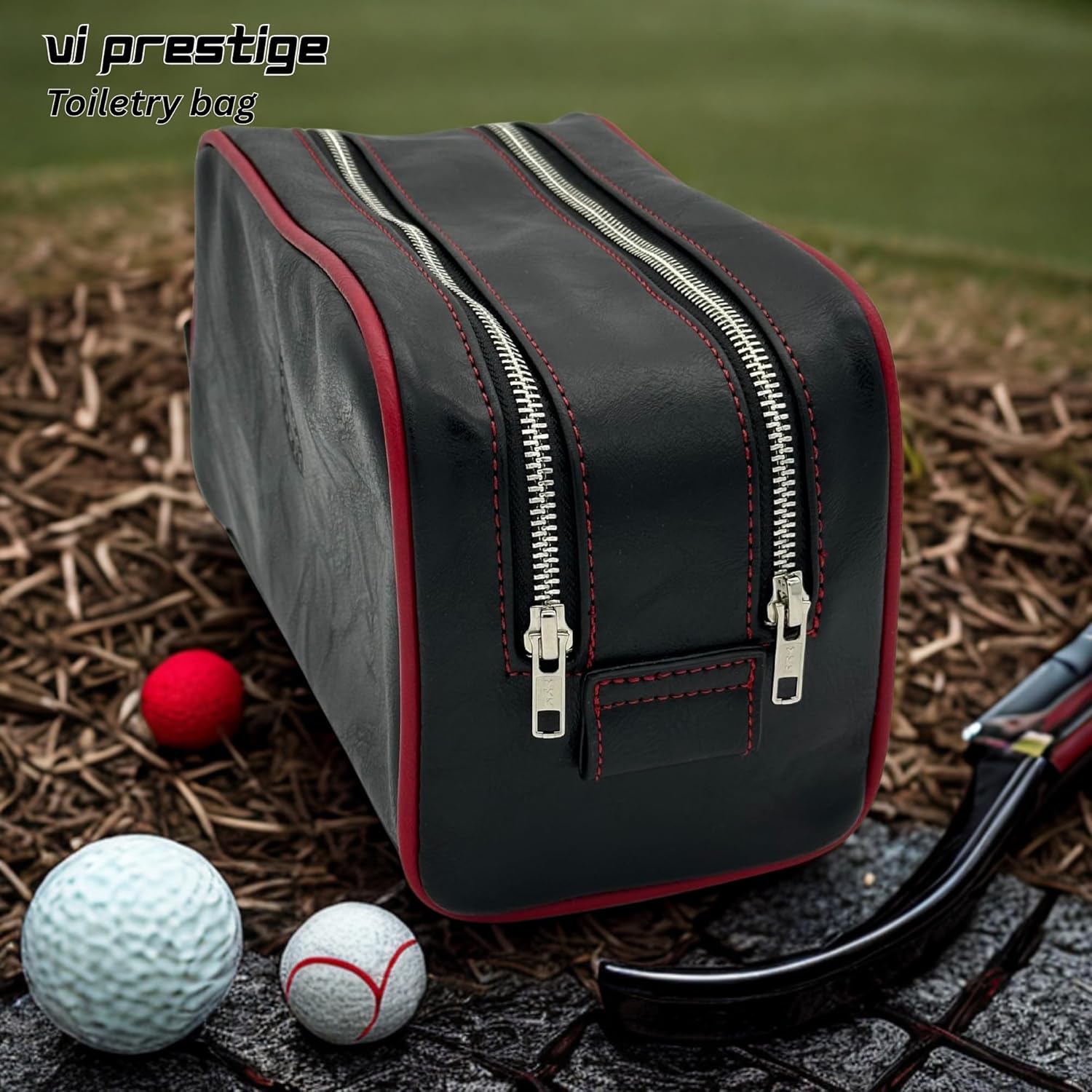 Dopp Gift Large Travel Toiletry Bag Premium Quality PU Leather Two compartments YKK Zippers Water-resistant Bottom Studs Mesh Pockets Durable Cosmetic Organizer BLACK/BURGUNDY