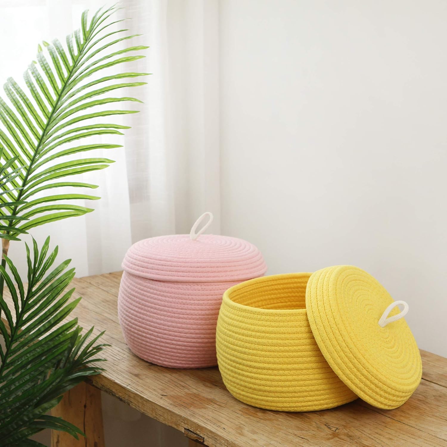 Sea Team Round Cotton Rope Storage Basket with Lid, Decorative Woven Storage Bin, Pot, Caddy, Organizer, Container for Snacks, Towels, Plants, 10 x 7.5 Inches (Small, Yellow)