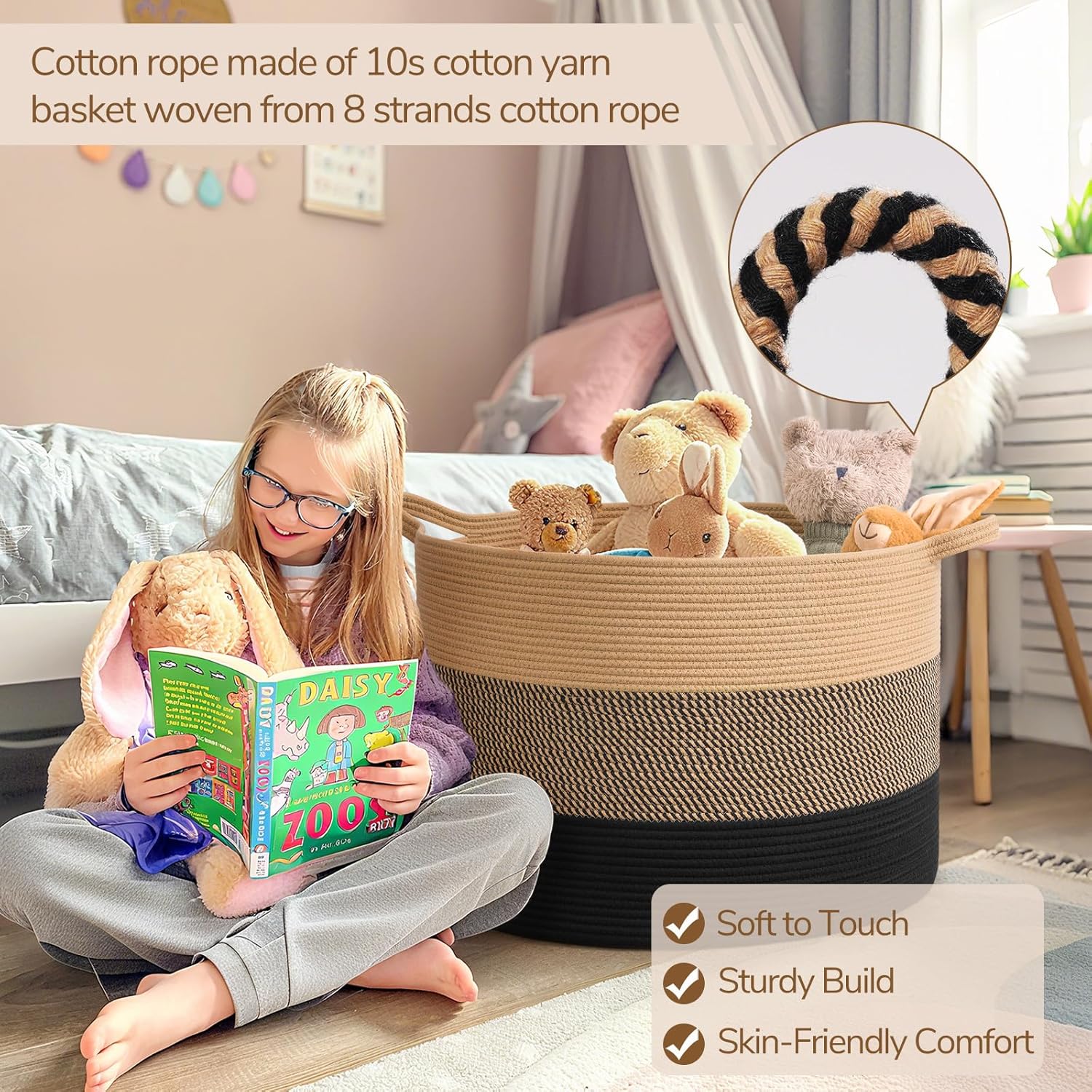 INDRESSME 115L Extra Large Blanket Basket for Apartment Décor, Woven Baby Laundry Hamper Shoe Basekts for Entryway, Wicker Storage Basket for Organizing, Camel Mix & Black