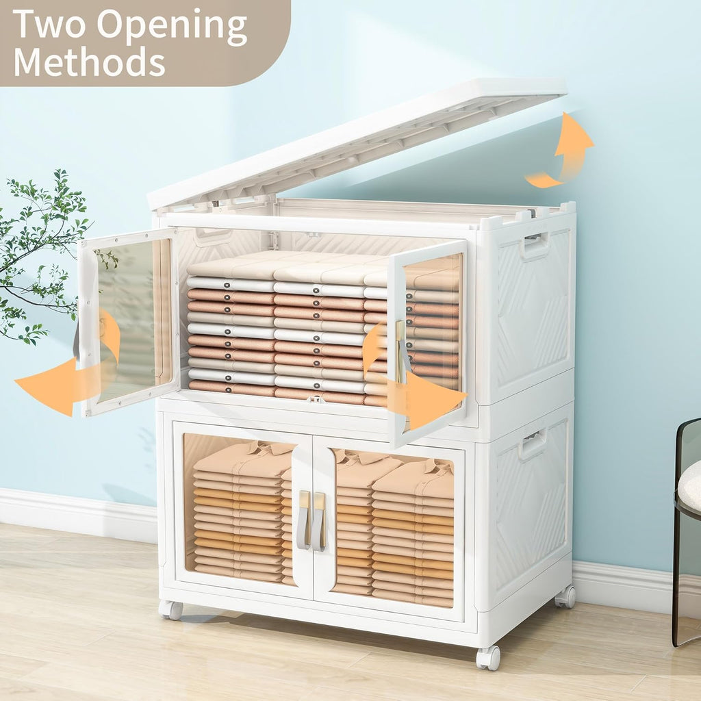 Large Clear Stackable Storage Bins with Lids, Foldable Storage Cabinet for Closet Organizers and Storage, Plastic Storage Box with Wheels 628 QT