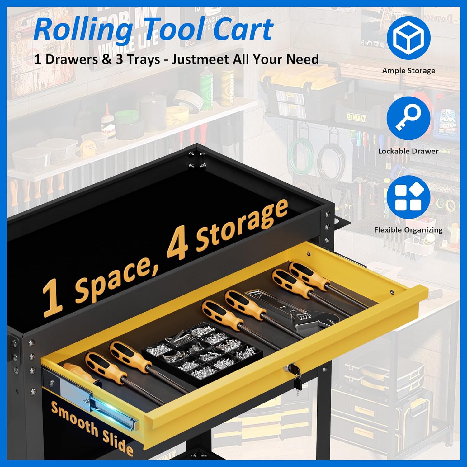 3 Tier Heavy Duty Rolling Tool Cart on Wheels with Drawer & Pegboard, 420Lbs Capacity Mobile Garage Storage Organizer Cart for Mechanics, Workshop