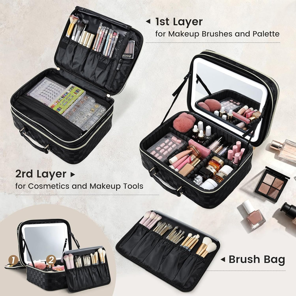 Makeup Bag with LED Lighted Mirror 12.2 IN Travel Double Layer Makeup Case Adjustable Brightness in 3 Colors Cosmetic Organizer Artist Storage with Dividers Brush Holder Vanity Black Checkerboard