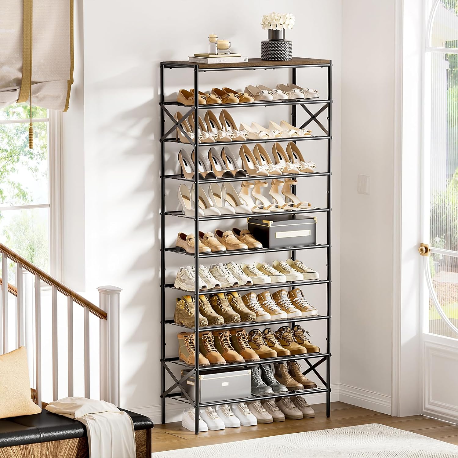 10-Tier Tall Shoe Rack Organizer Shoe Storage for Entryway 30-40 Pairs Metal Shoe Rack for Closet Heavy-Duty Shoe Rack with Wooden Top Shelf for Garage Rustic Brown