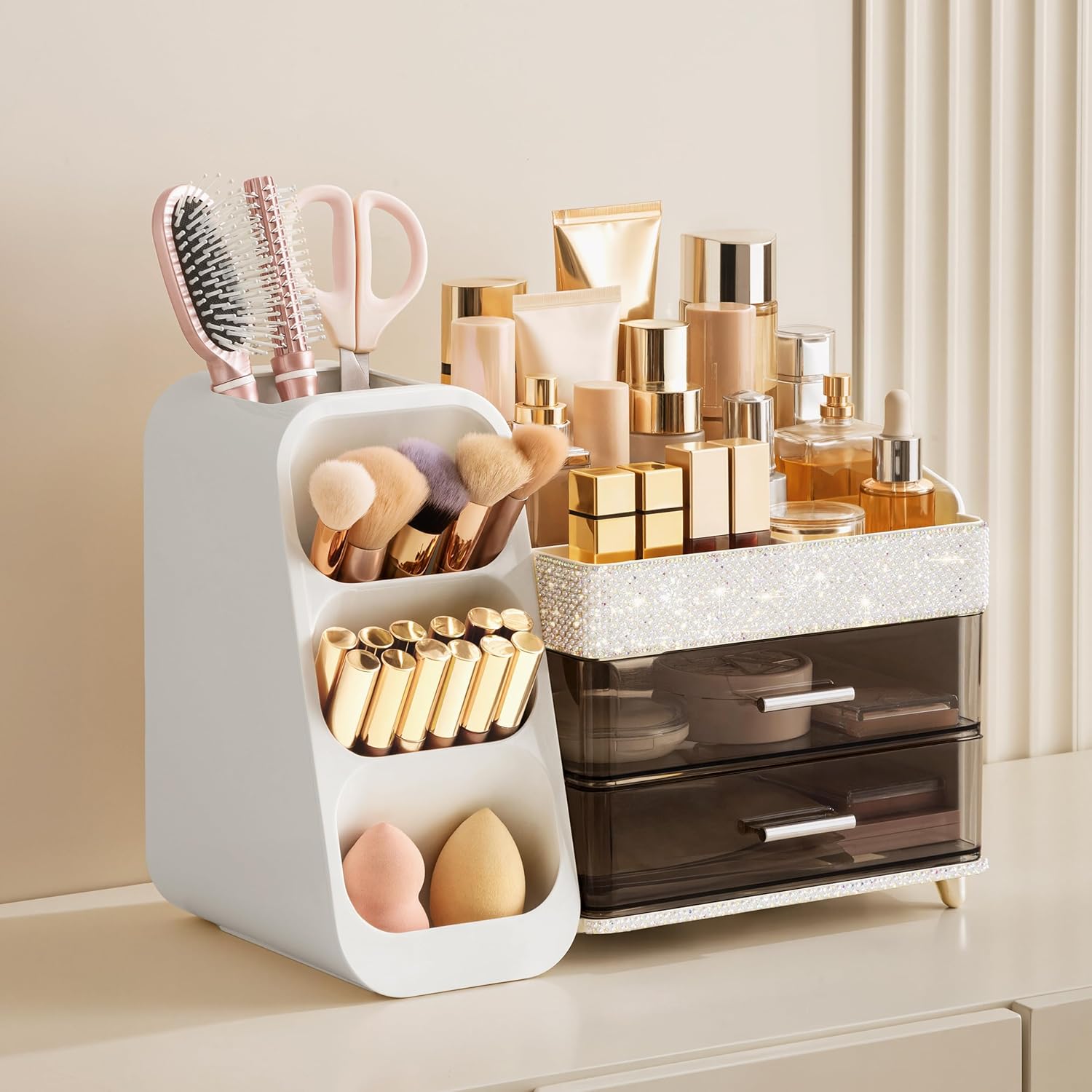 HBlife Makeup Organizer with Brush Holder for Vanity, Large Plastic Bathroom Countertop Organizer Skin Care Storage, Easy to Store Lipsticks, Nail Polishes, Perfumes, Eyeshadow Palettes, Pearl White