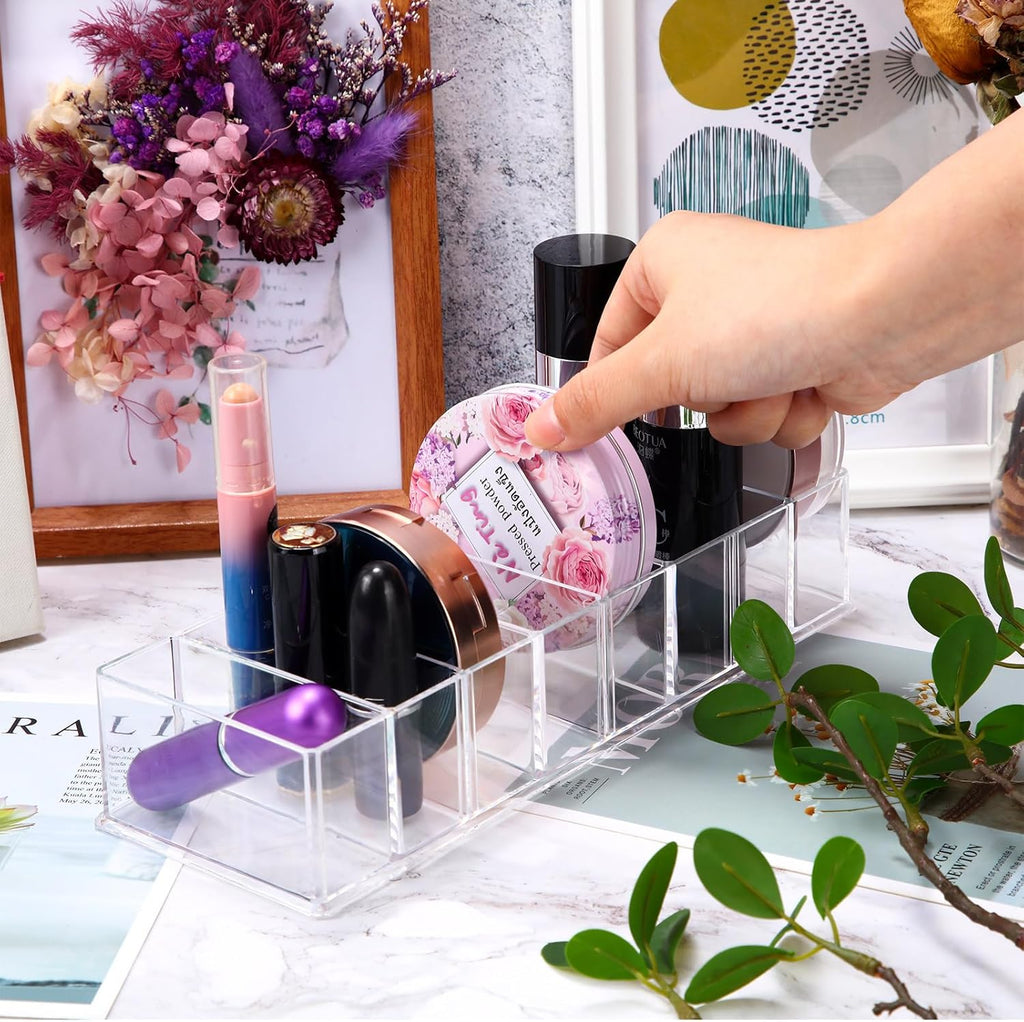 Tuanse 4 Pcs Acrylic Makeup Compact Organizer Detachable 8 Spaces Clear Vanity Drawer Organizer Eyeshadow Palette Storage for Lipstick Highlighter, Skincare Cosmetic Display Cases for Bathroom