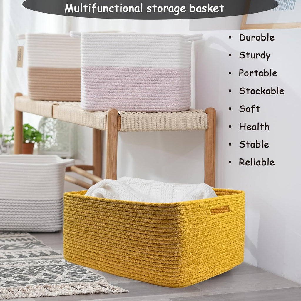 COMFY-HOMI 2 pcs Large Storage Baskets for Shelves, Laundry Basket, Woven Rope Basket, Closet Organizer Bins for Clothes Blanket Towels, Baby Nursery, Gift Toy Baskets, 17” x 13” x 7.5”-Yellow