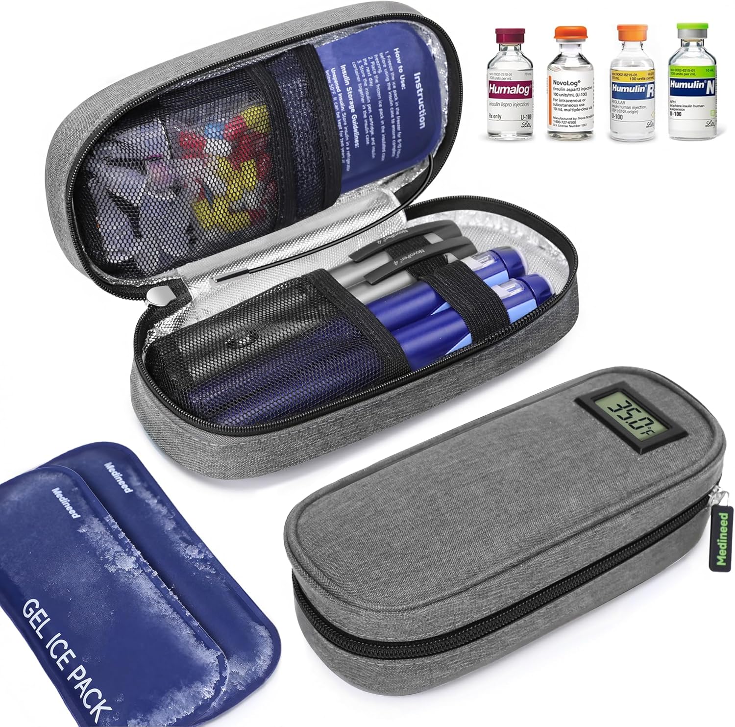 Insulin Cooler Travel Case TSA Approved with Temperature Display – Diabetic Medication Travel Case with 2 × 90g Ice Packs, Portable Medicine Organizer for 3–4 Insulin Pens and Diabetic Supplies(Grey)