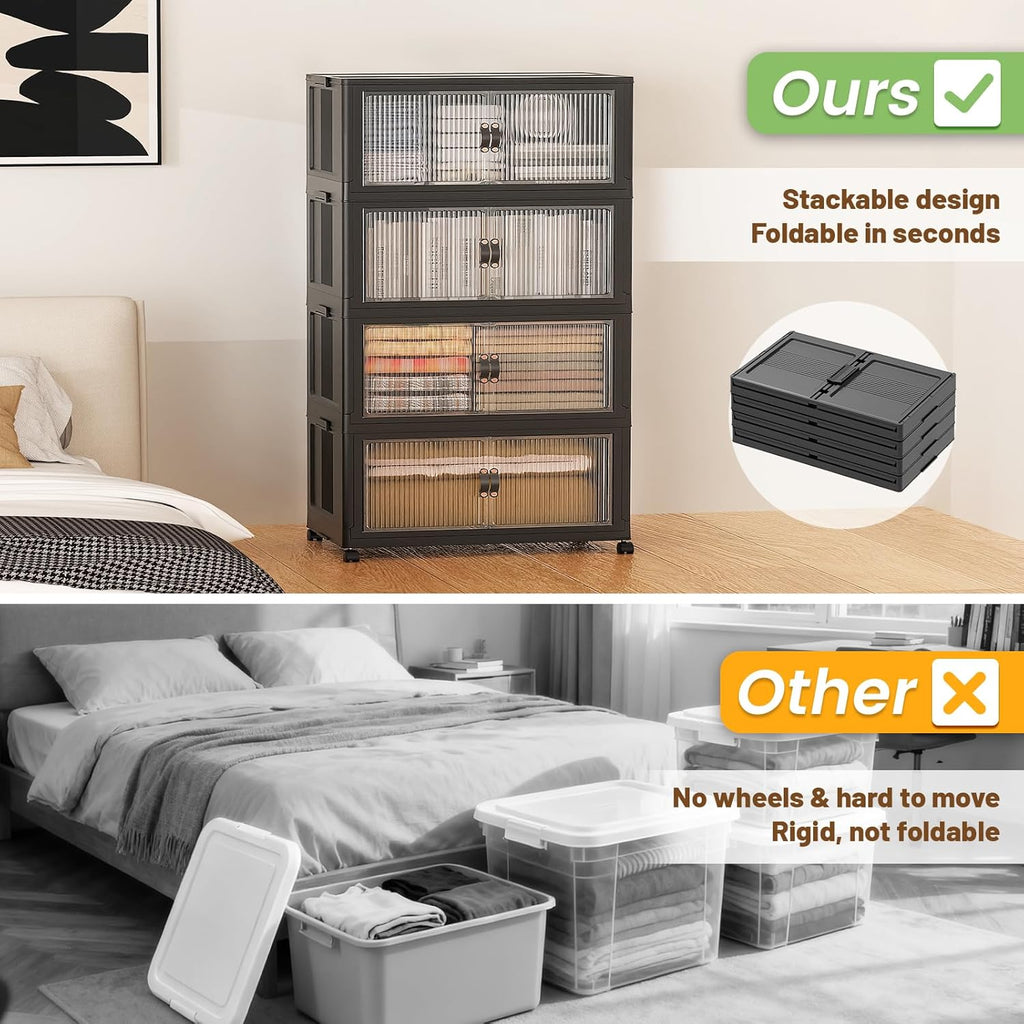 SAILUN 127Gal/508Qt Stackable Storage Bins Folding Collapsible Storage Bins with Lid, Closet Organizers and Storage Box with Door Black 28" W x 17" D x 61" H