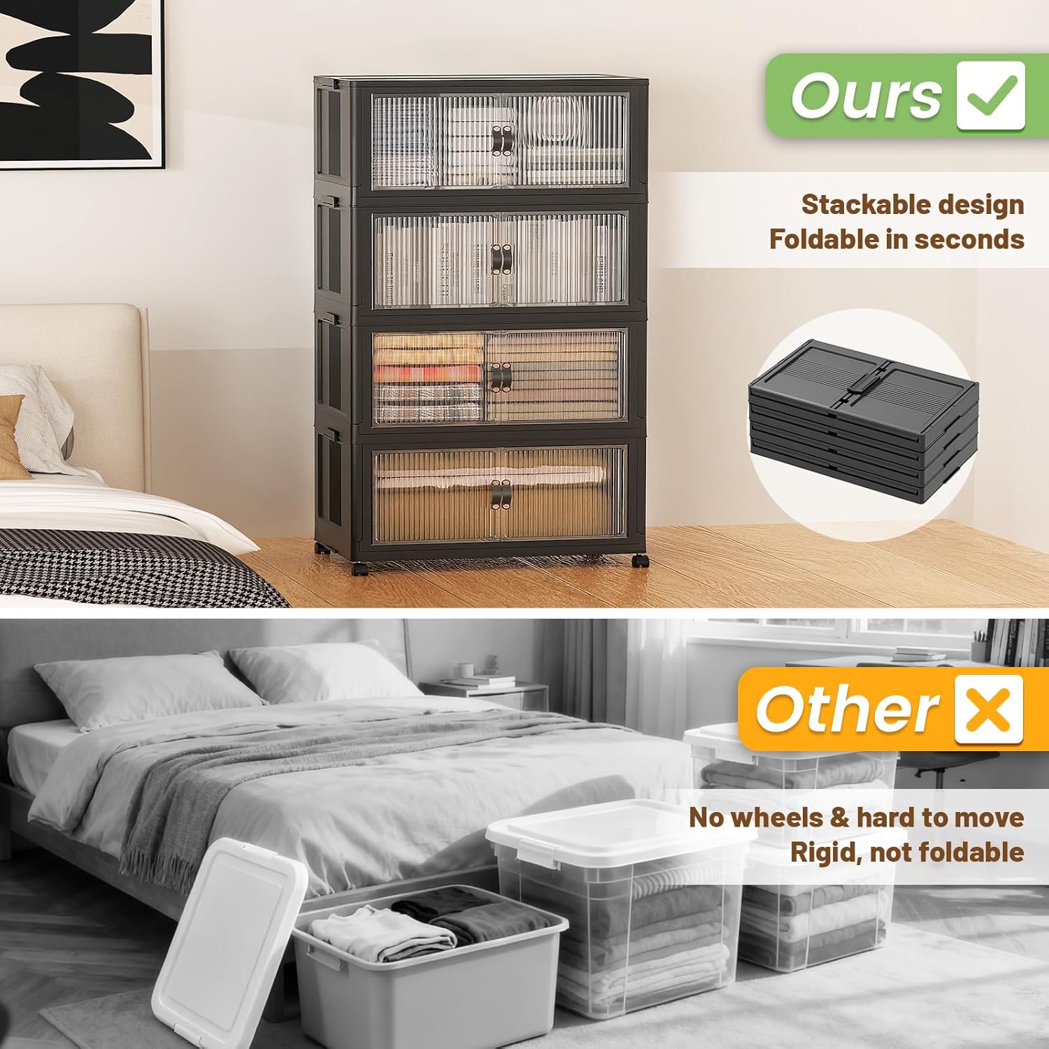 SAILUN 127Gal/508Qt Stackable Storage Bins Folding Collapsible Storage Bins with Lid, Closet Organizers and Storage Box with Door Black 28" W x 17" D x 61" H