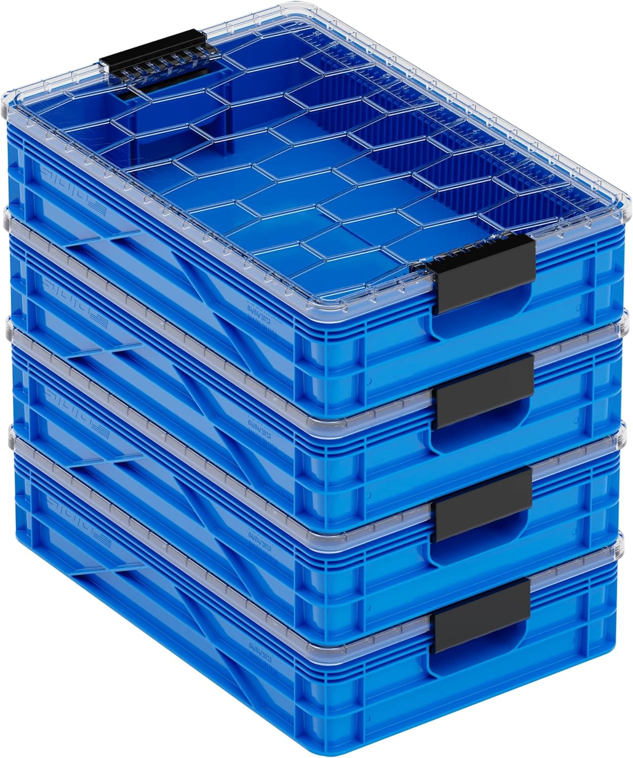 SIDIO Quarter Crate 4 Pack of Stackable Storage Bins - Organizer Bins with Dividers for Garage Organization, Home Storage - Heavy Duty Plastic Containers - 19.16” x 12.75”x 4.57” (SidioBlue)