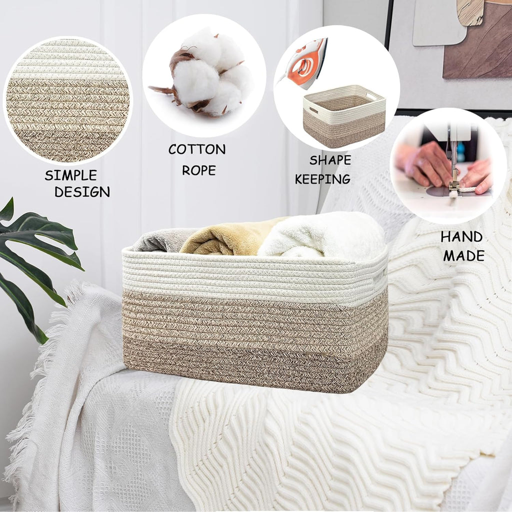 COMFY-HOMI Cotton Rope Woven Basket with Handles for Shelves,Toys,Book, Cloth Storage Baskets for Organizing-17" x 13" x 7.5" Toy Decorative Organizer for Living Room, Bathroom （white/3 brown）