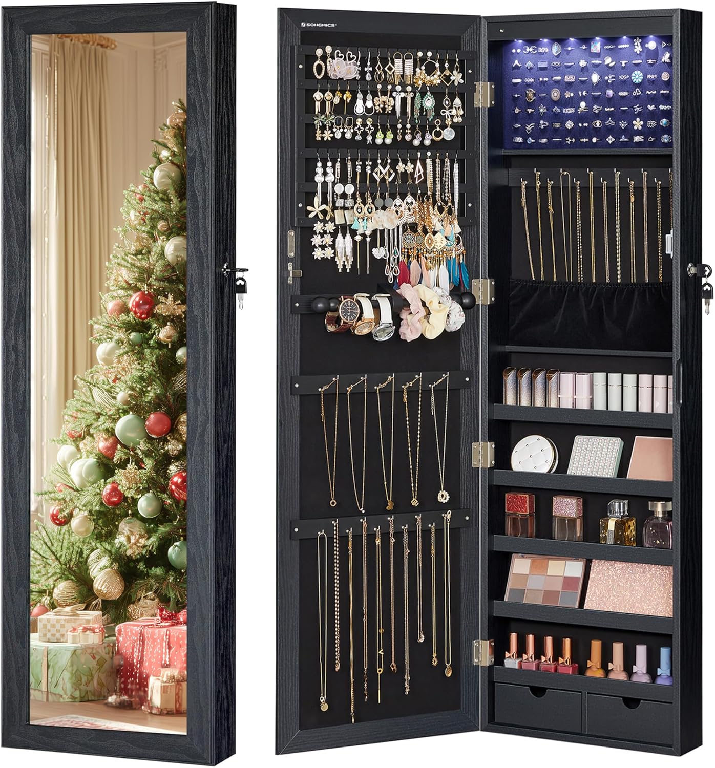 SONGMICS 6 LEDs Mirror Jewelry Cabinet, 47.2-Inch Tall Lockable Wall or Door Mounted Jewelry Armoire Organizer with Mirror, 2 Drawers, Christmas Gift, 3.9 x 14.6 x 47.2 Inches, Black