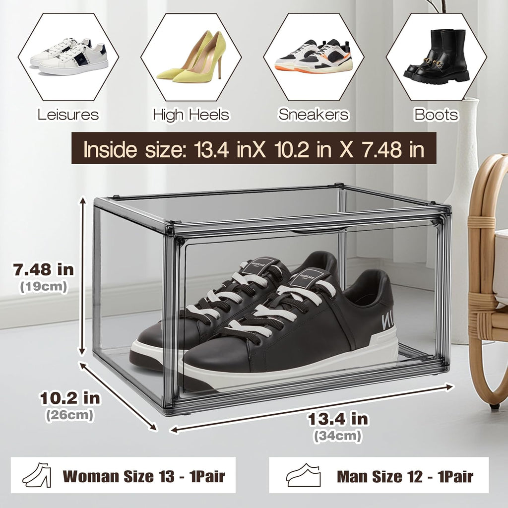 10 Pack Size 12 Shoe Boxes for Closet Clear Plastic Stackable Shoe Organizer Storage Bins with Lids, Under Bed Shoe Containers for Entryway