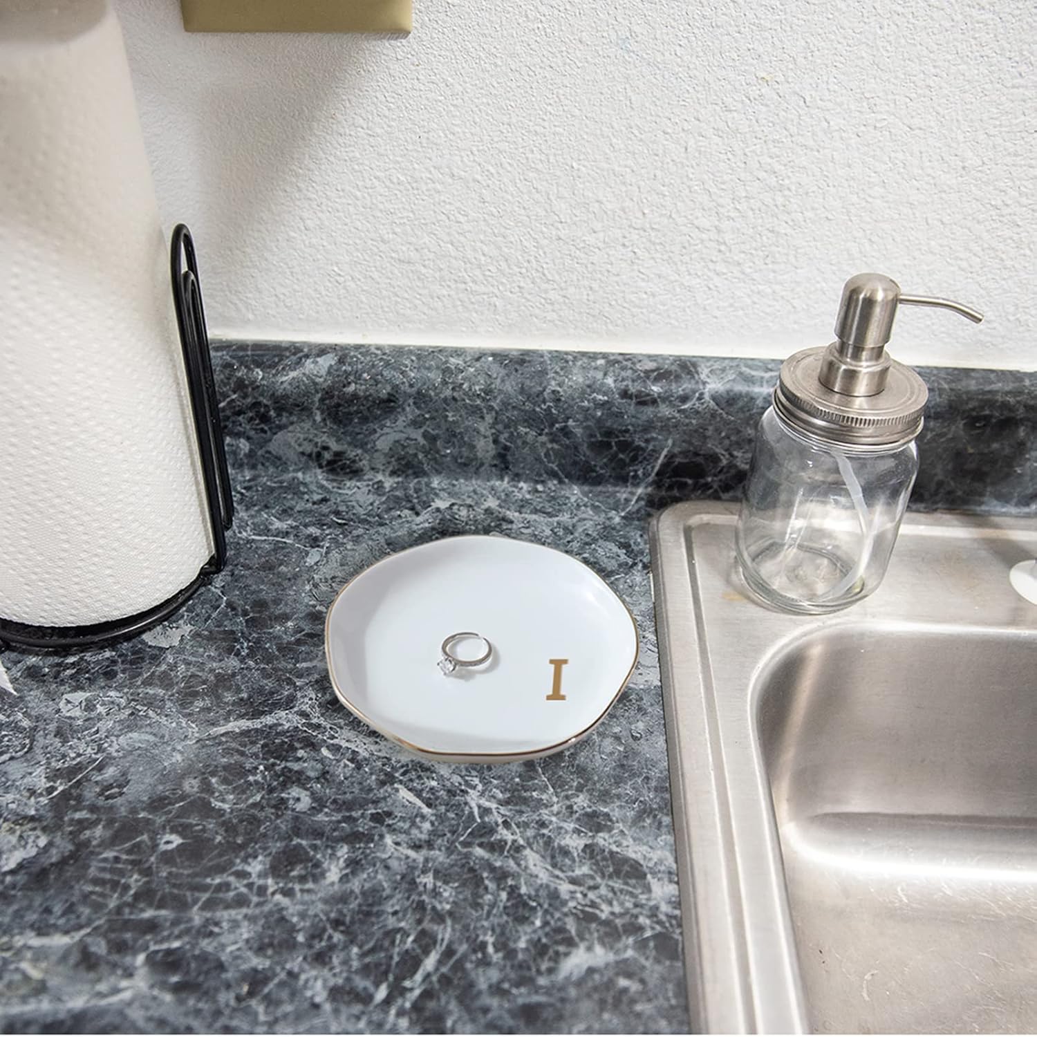 Initials Ring Dish Jewery Tray with Personalized I-Monogrammed Gifts Wedding Engagement for Women Friends sister,Ceramic White